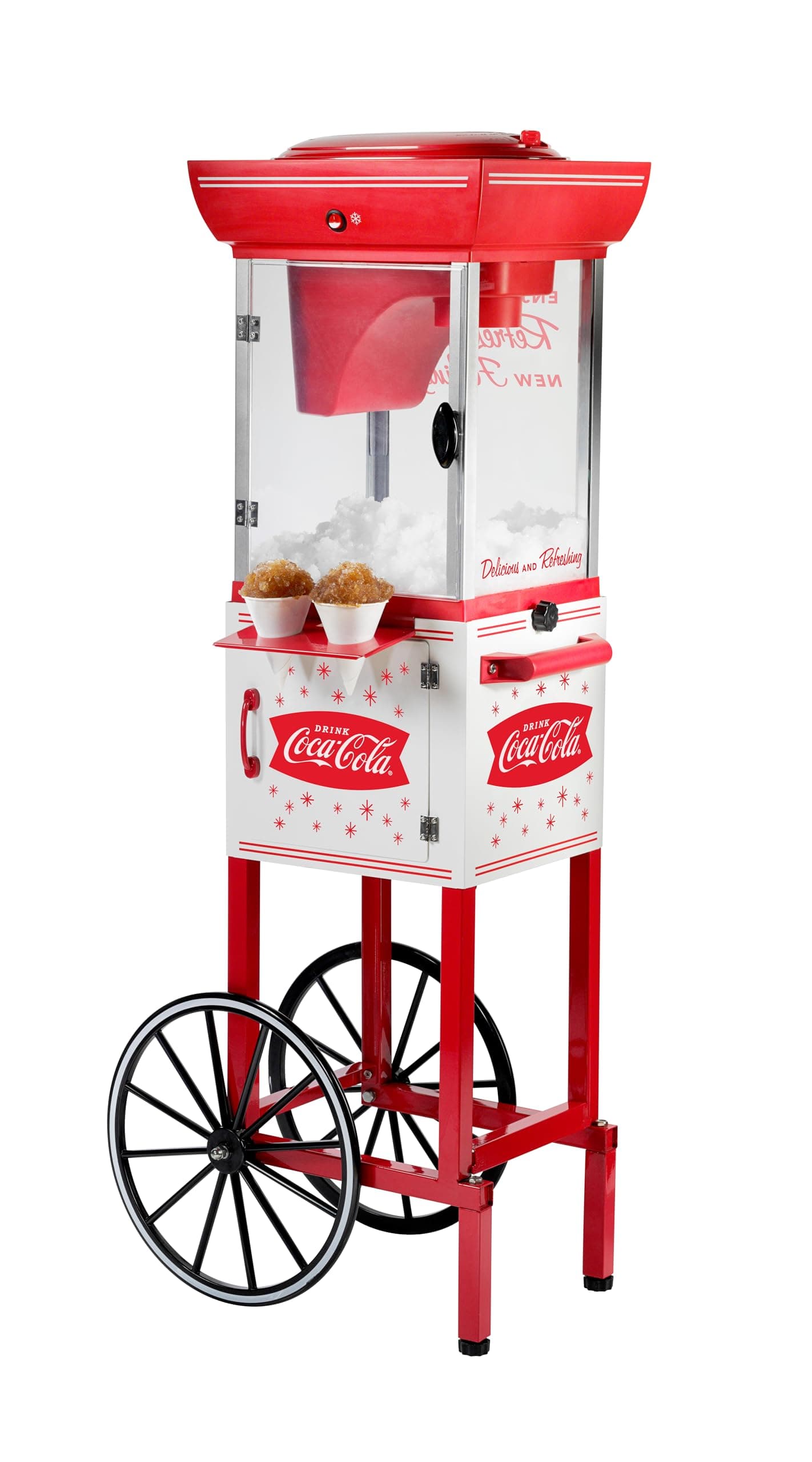 Nostalgia Coca-Cola 48-Inch Tall Snow Cone Cart, Makes 48 Icy Treats, Includes Metal Scoop, Storage Compartment, Wheels For Easy Mobility – Coke Red