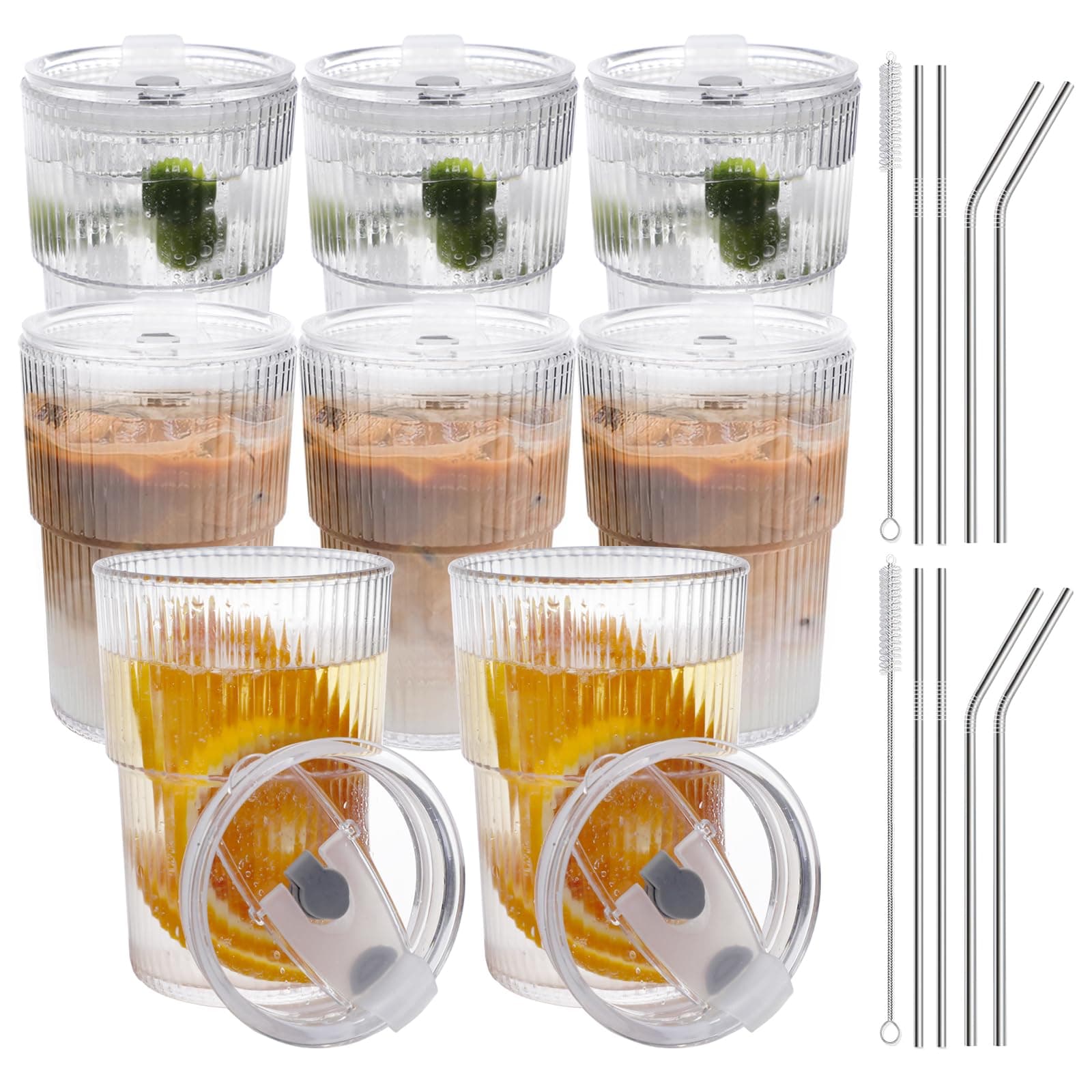 16 OZ Reusable Iced Coffee Cups with Lids and Straws, Unbreakable Plastic Drinking Glasses for Iced Tea, Juice, Water, BPA Free, Dishwasher Safe, Set of 8