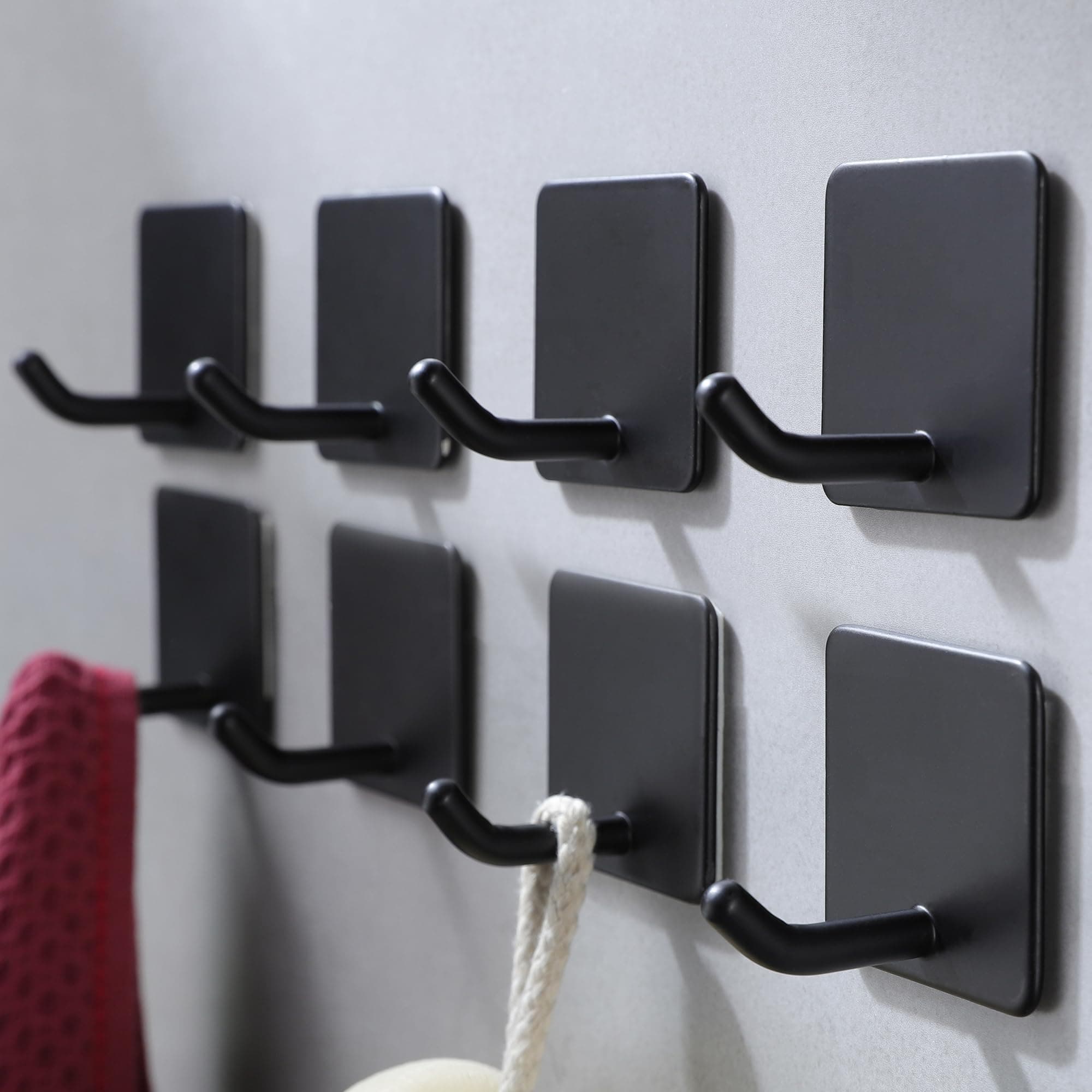 YIGII Adhesive Wall Hooks, Sticky on Hooks No Damage Towel Hooks Heavy Duty Stainless Steel, 8 Pack Matte Black