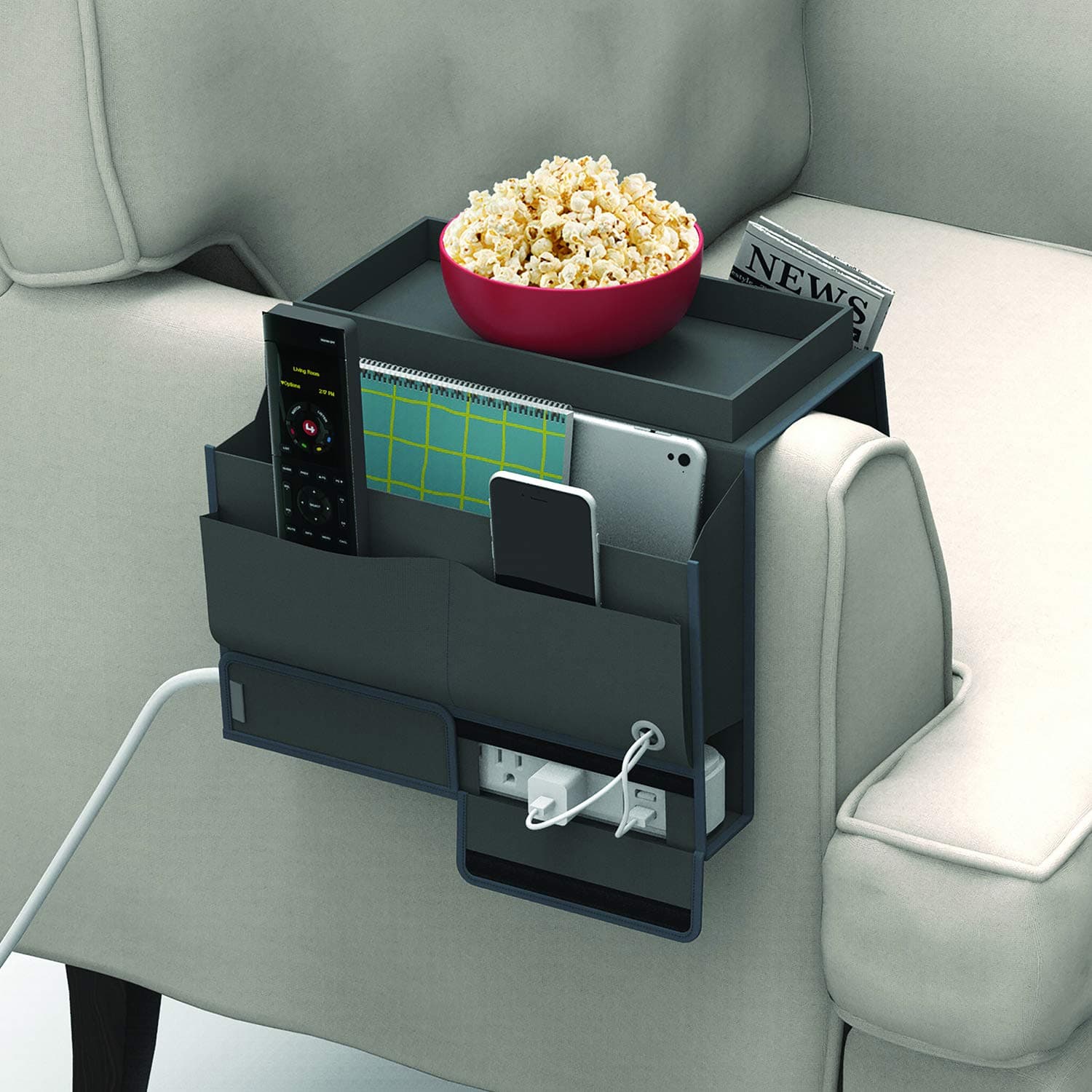 Mindfull Products Couch Caddy, 5 Storage Pockets with Power Strip Compartment, Includes Tray, Gray