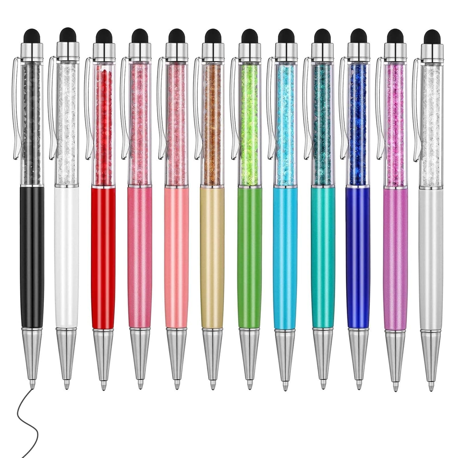 Cute Pens Bling Bling 2-in-1 Slim Crystal Diamond Stylus Pens and Black Ink Ballpoint Pens (12 colors)