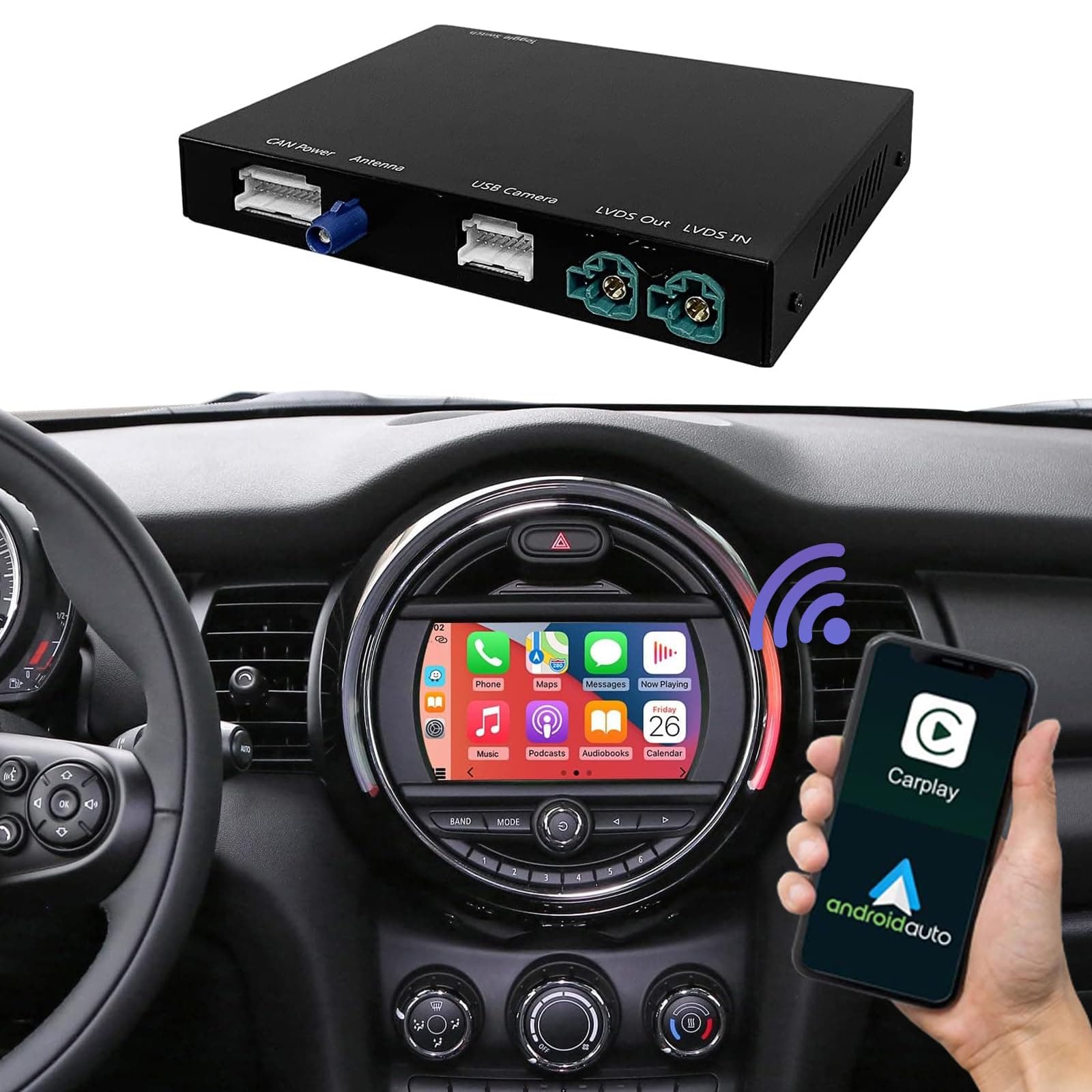 Wireless Carplay Android Auto for BMW Mini Cooper One Hatch Clubman F55 F56 F54 F57 NBT System 2014-2018 Year, Support Mirrorlink, Reverse Camera, Navigation