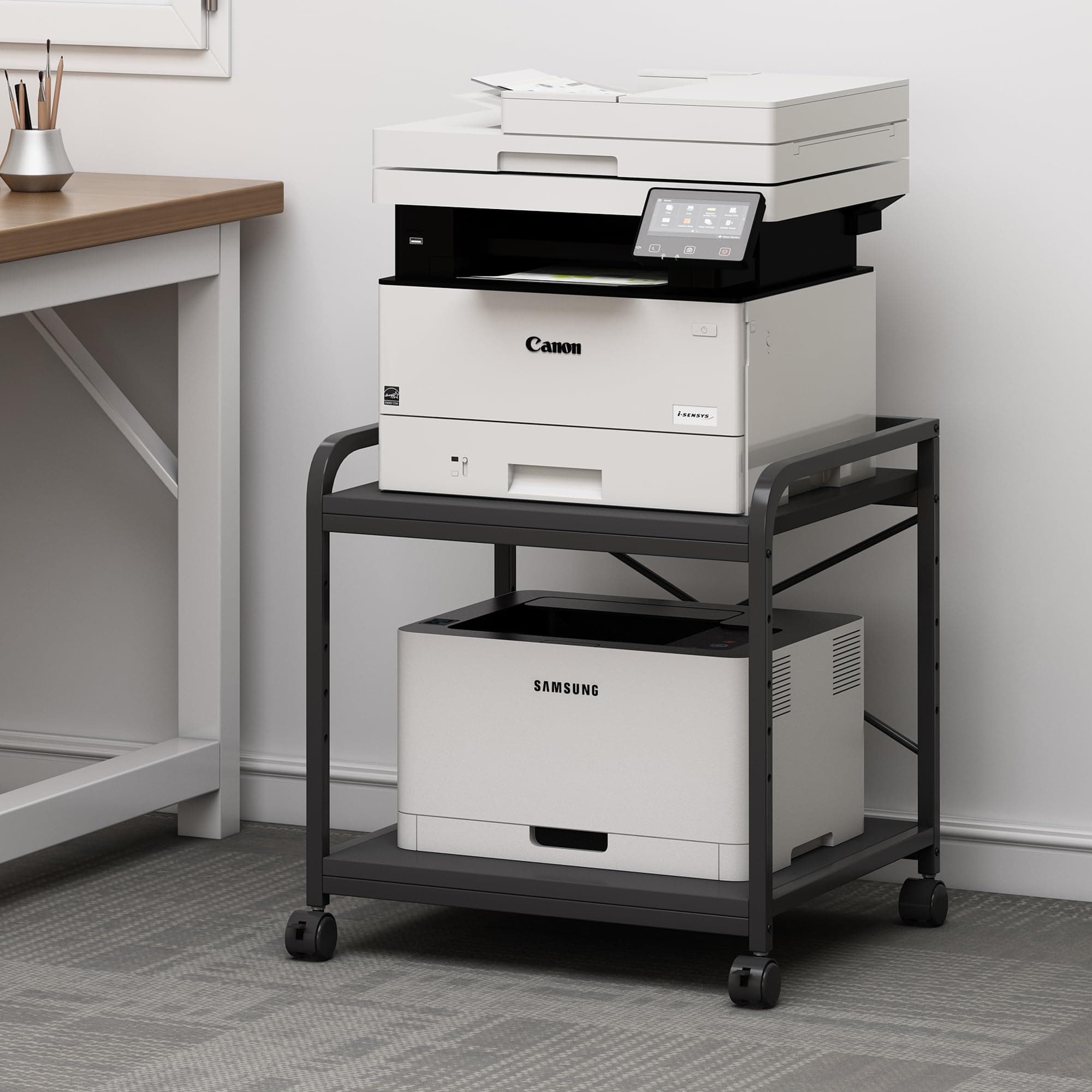 Fannova 2 Tier Under Desk Printer Stand with Storage, 20 Inches Deep Large Printer Table with Height Adjustable Shelf, Rolling Printer Cart with Wheels for Home Office - Black
