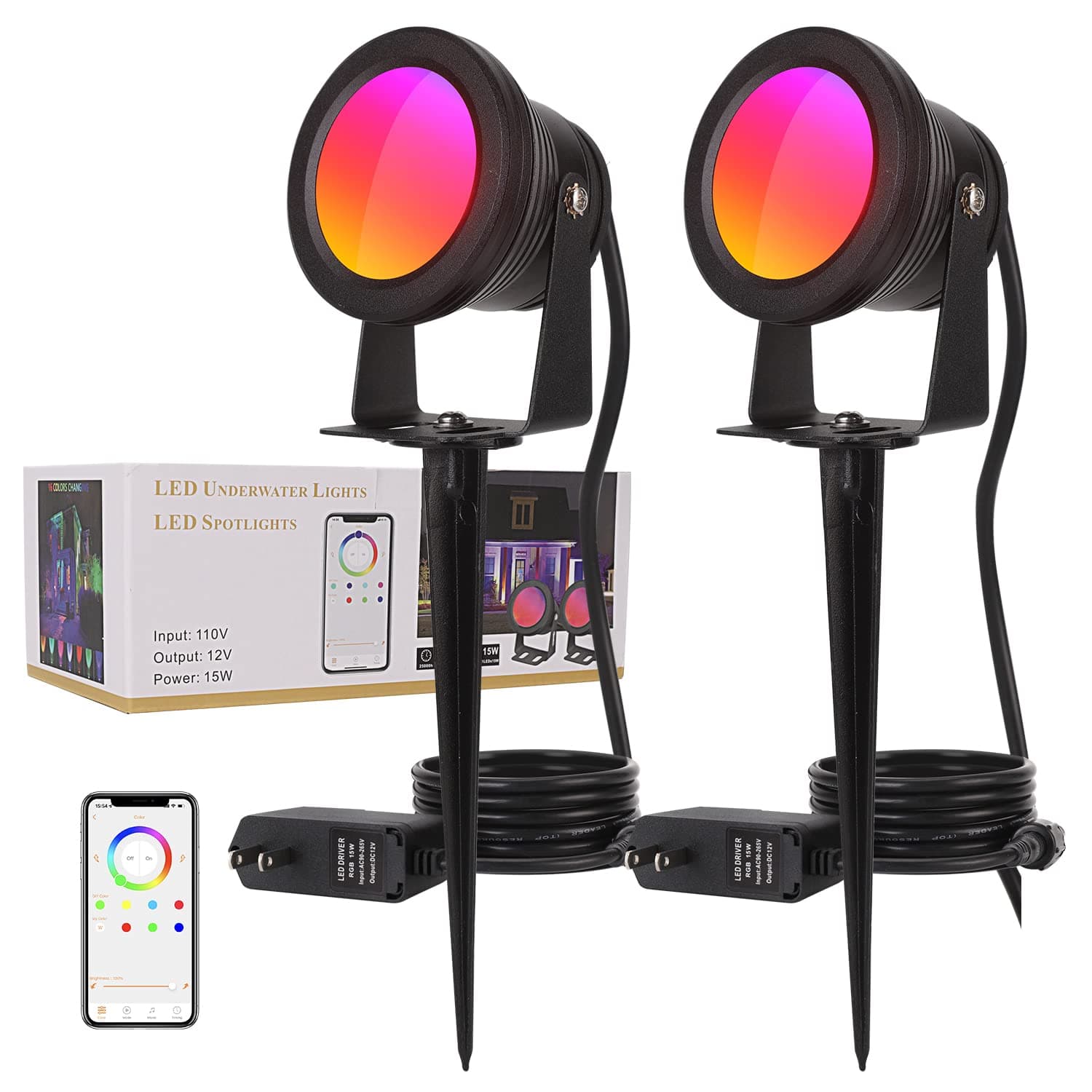 Smart Outdoor Lights,15w Backyard Lights with US Plug,12V APP Control Colored Spotlights with Waterproof,Dimmable Garden Lights with Timer,Outdoo Lights for Yard with Music Sync(NO Remote)