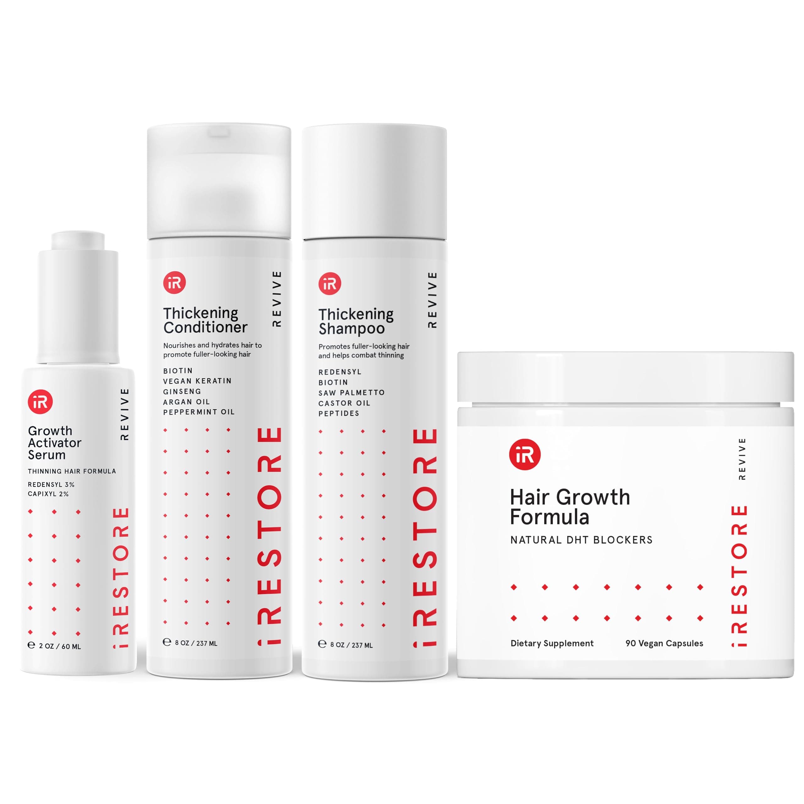 iRestore Max Growth Bundle includes our Hair Growth Formula Supplement, Growth Activator Serum, Thickening Shampoo, and Conditioner to Combat Thinning and Promote Growth