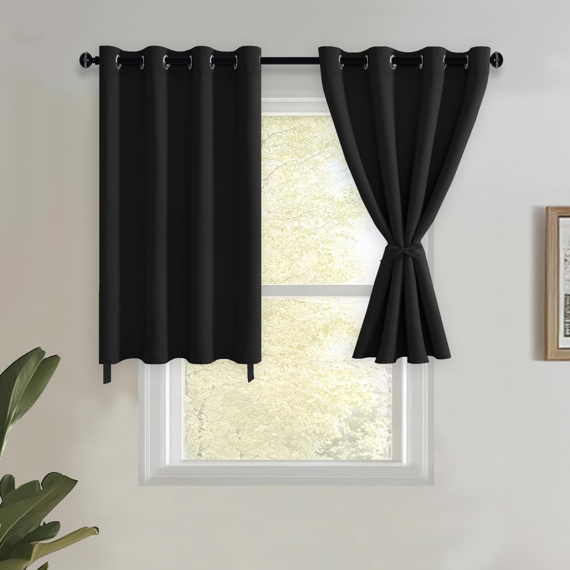 JIUZHEN Short Curtains Kitchen Half Window Blackout Curtains with Tiebacks for Baseroom Shadows, Grommet Curtains for Living Room, Set of 2 Window Curtain Panels, 52 x 30 Inch Length,Black