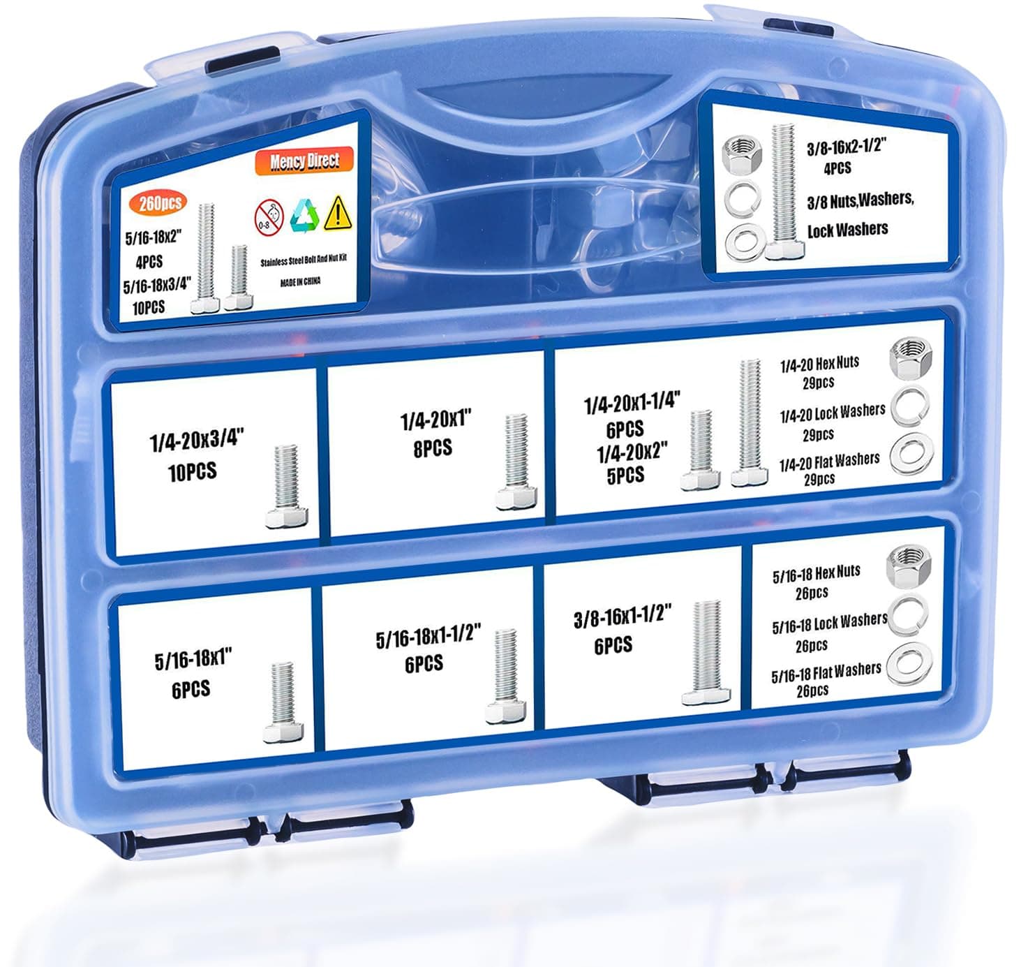 260PCS Hex Head Nuts and Bolts Assortment Kit, 304 Stainless Steel Bolts and Nuts Set 1/4-20, 5/16-18,3/8-16, Assorted Kit and Flat & Spring Lock Washers with Case