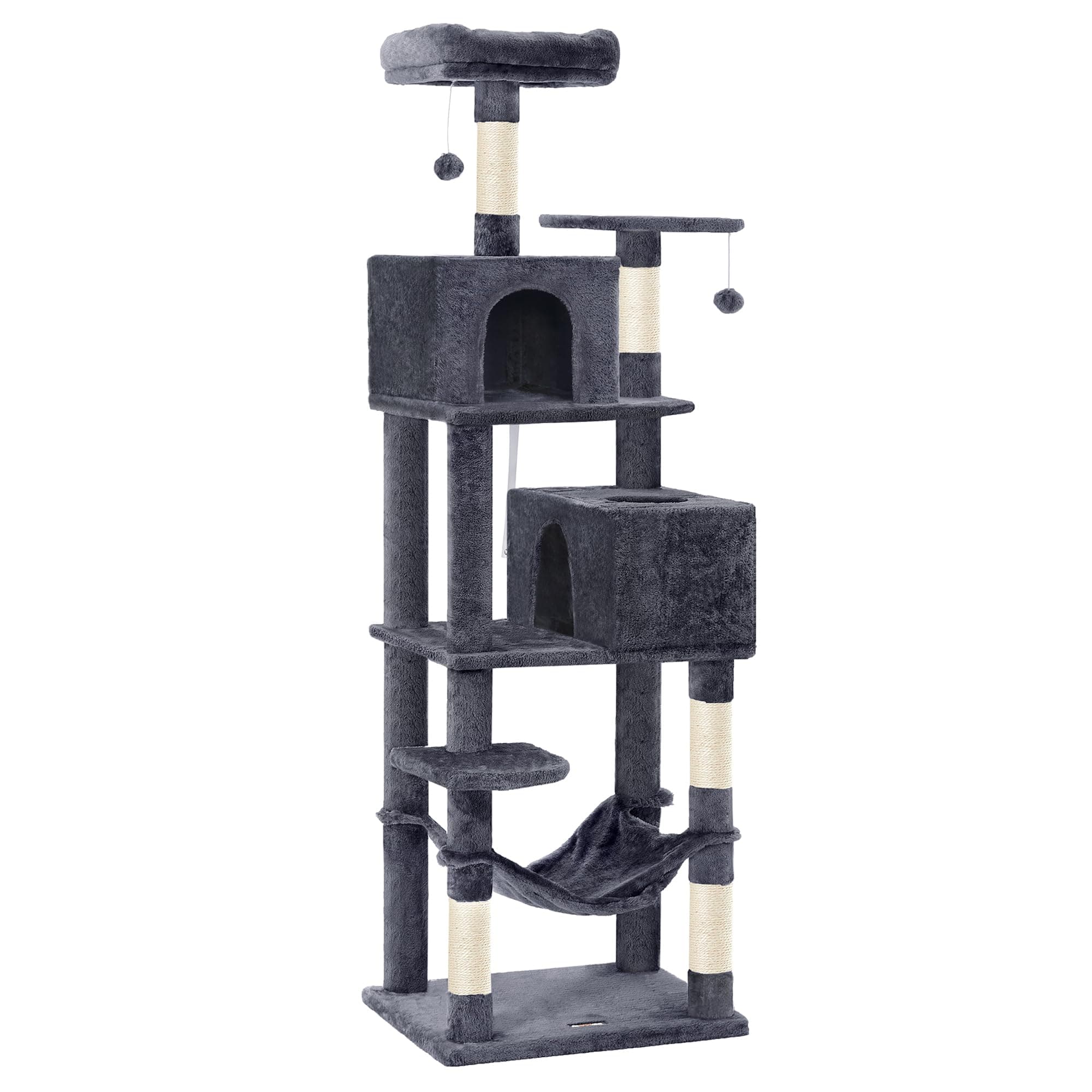 Feandrea Cat Tree, 73.2-Inch Tall Cat Tower, Plush Multi-Level Condo with 5 Scratching Posts, 2 Perches, 2 Caves, Hammock, 2 Pompoms, Smoky Gray UPCT191G01