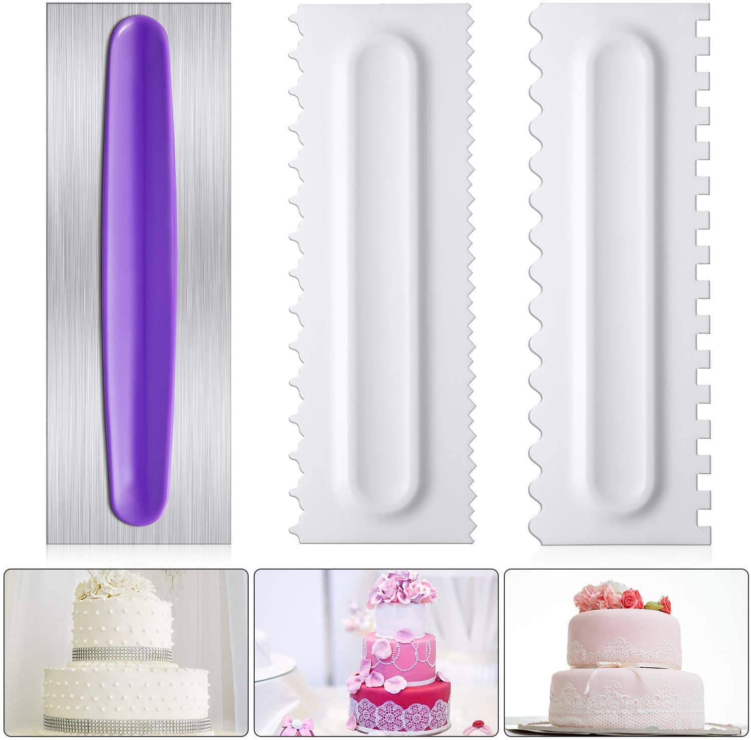 ELECDON Cake Scraper Decorating Comb Set, Stainless Steel Icing Smoother Comb Cake Edge Smoother Cream Scraper Cake Pastry Cutter for Kitchen Baking Mousse Butter Cream Cake Decoration, 3 Pieces