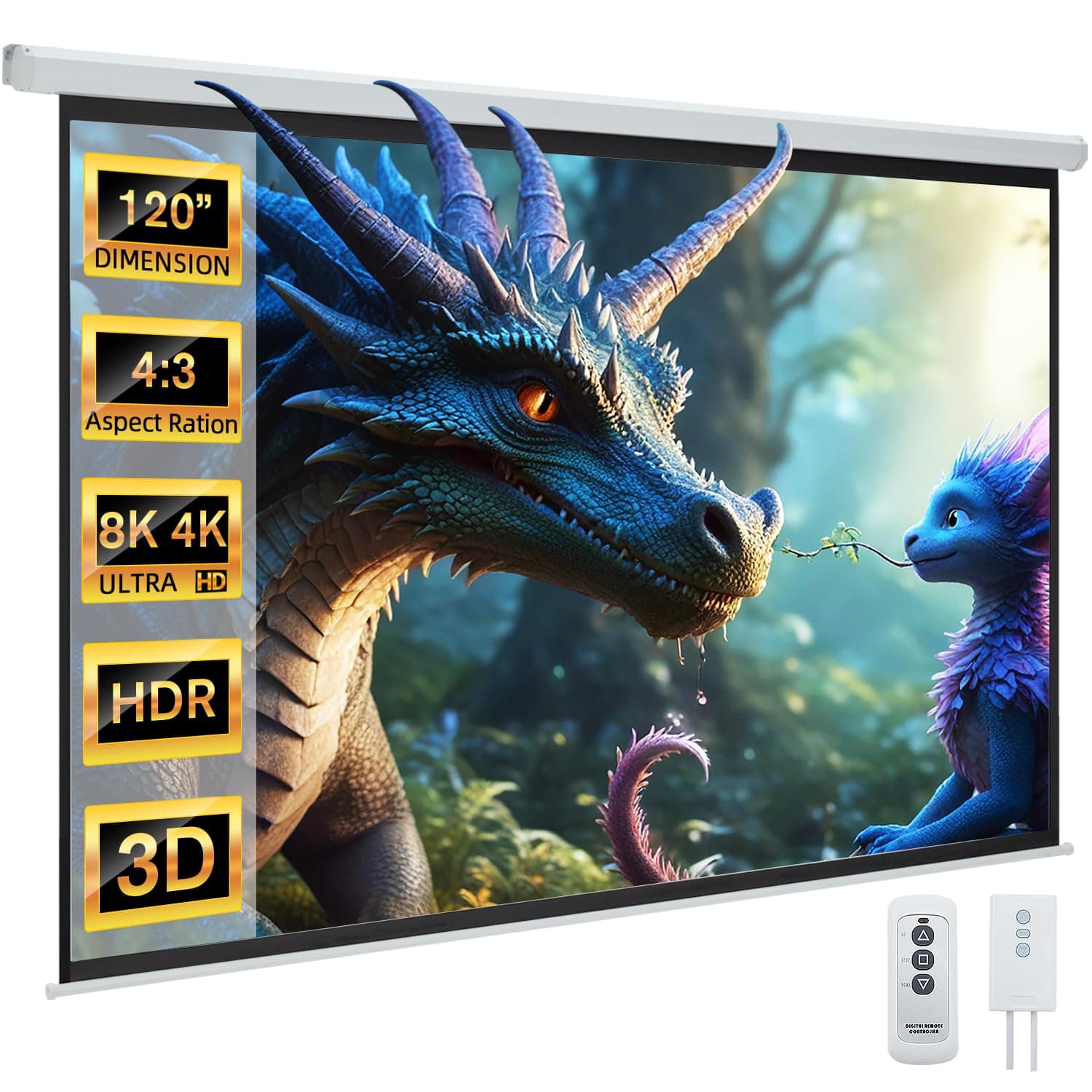 YODOLLA 120 inch Projector Screen Motorized,4:3 HD Retractable Electric Projector Screen 4K 3D Wall Mounted Ceiling Automatic Projection Screen Drop Down with Remote Movie Screen for Indoor Outdoor