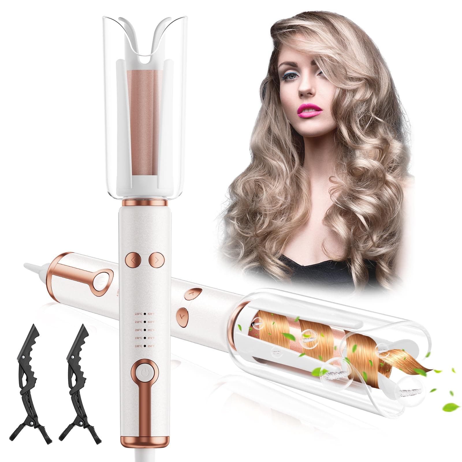 Automatic Curling Iron - 1.1'' Automatic Hair Curlers with 5 Temps & Timer, Anti-Tangle and Dual Anti-Scald, Fast Heating Iron for Hair Styling
