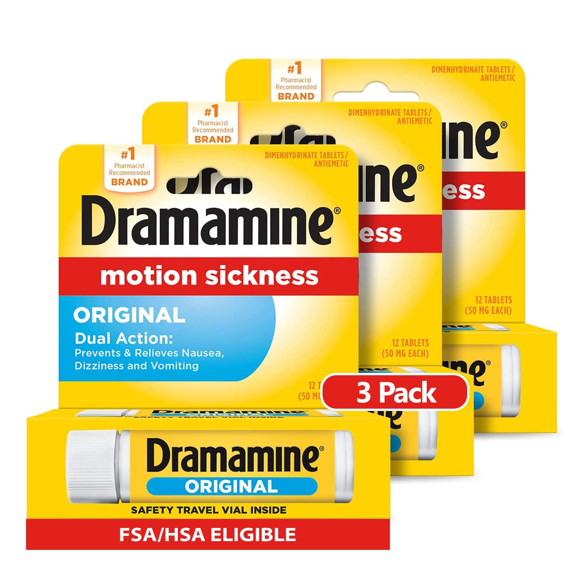 Motion Sickness Original, for Nausea Relief During Travel, 12 Count, Pack of 3