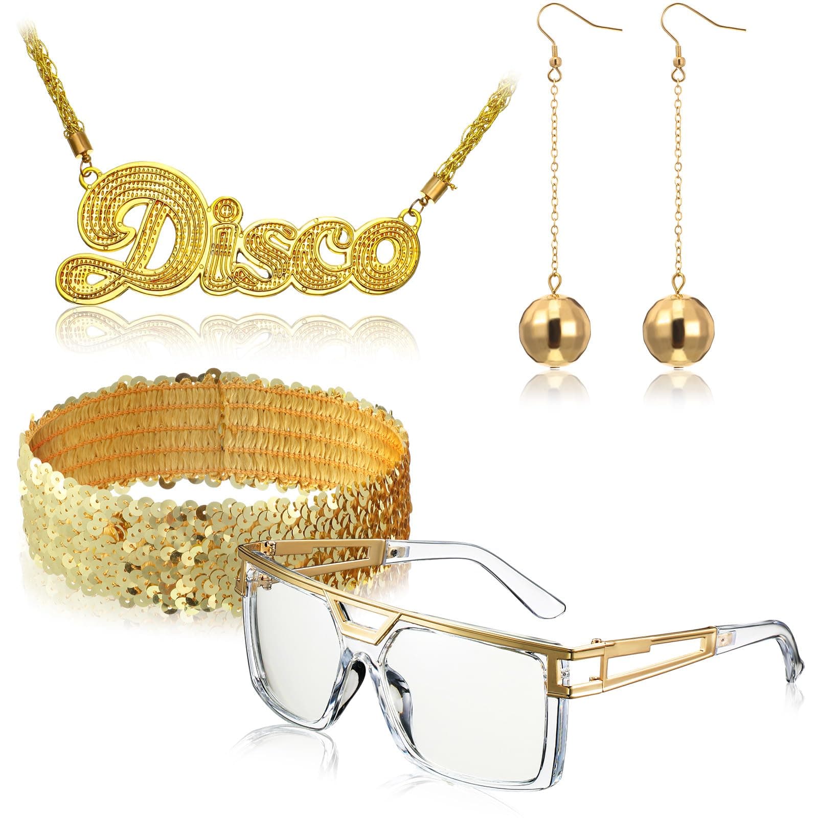 Hicarer 5 Pieces Disco Costume Accessory Set Include 1 Pair of Rock Disco Sunglasses, 2 Pieces Ball Earrings, Glitter Sequin Headband Sign Necklace for 50s, 60s and 70s Costume Accessories