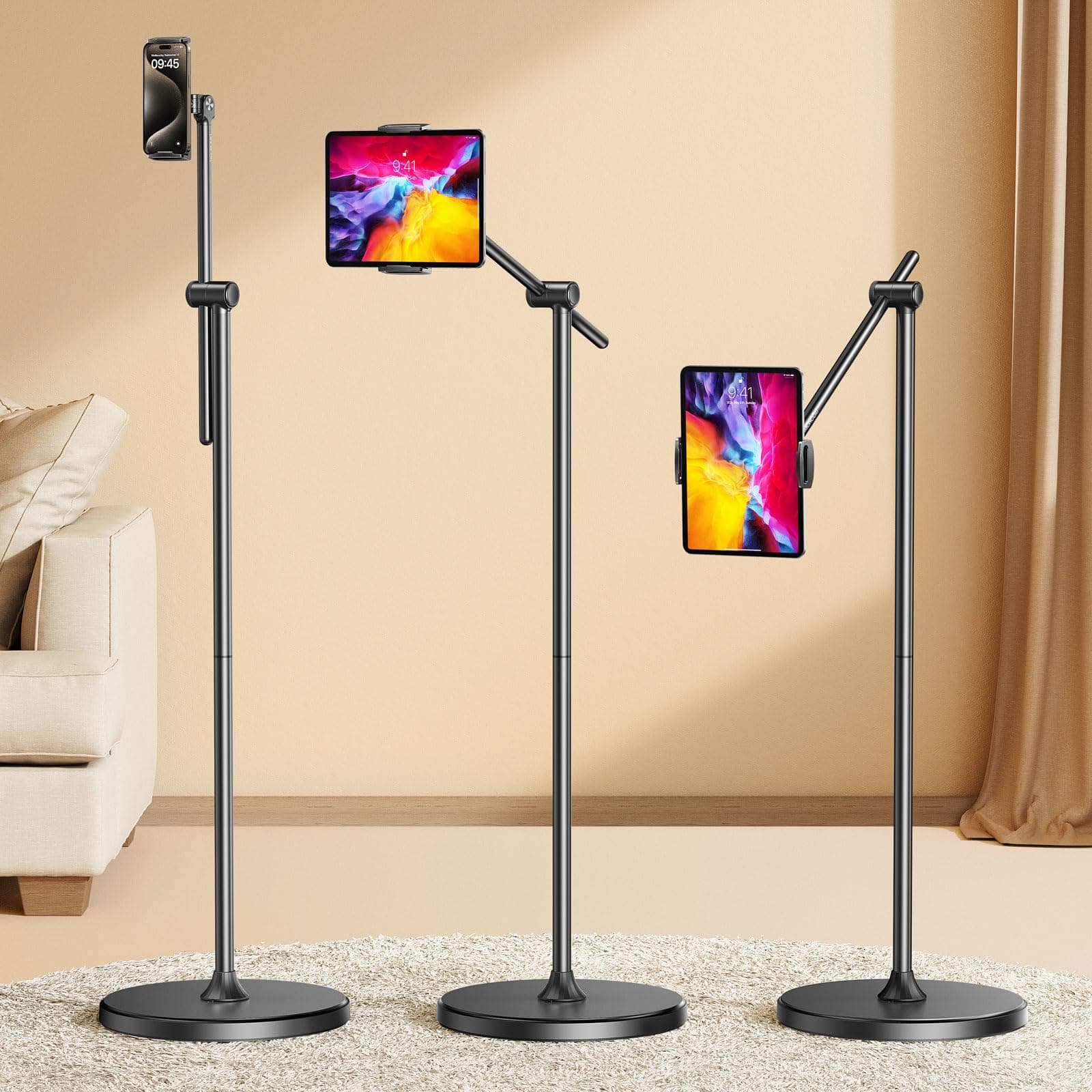 DIMONCOAT [Height-Adjustable & 360° Rotation Tablet Floor Stand Stable Base, Aluminum Alloy iPad Stand Floor Holder for iPad Mini Air Pro 12.9/9.7, Monitor, Kindle, iPhone 16, Cell Phones (4.7"-15.6")