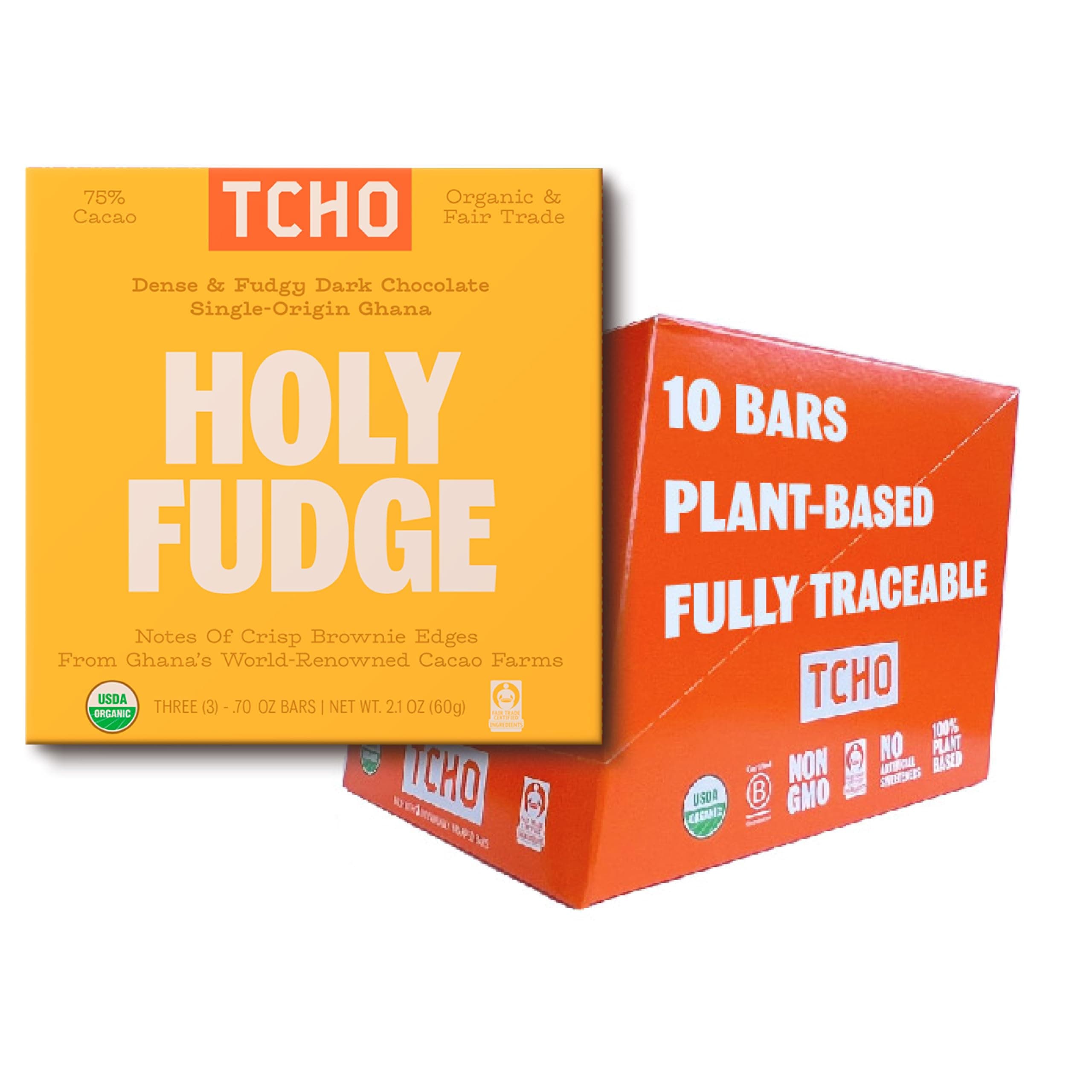 Holy Fudge 75% Dark Chocolate Bars (10 pack) | Single Origin, Plant Based, Organic & Fair Trade | Non GMO, Non-Dairy, Vegan Chocolate, Soy Free (2.1oz each)
