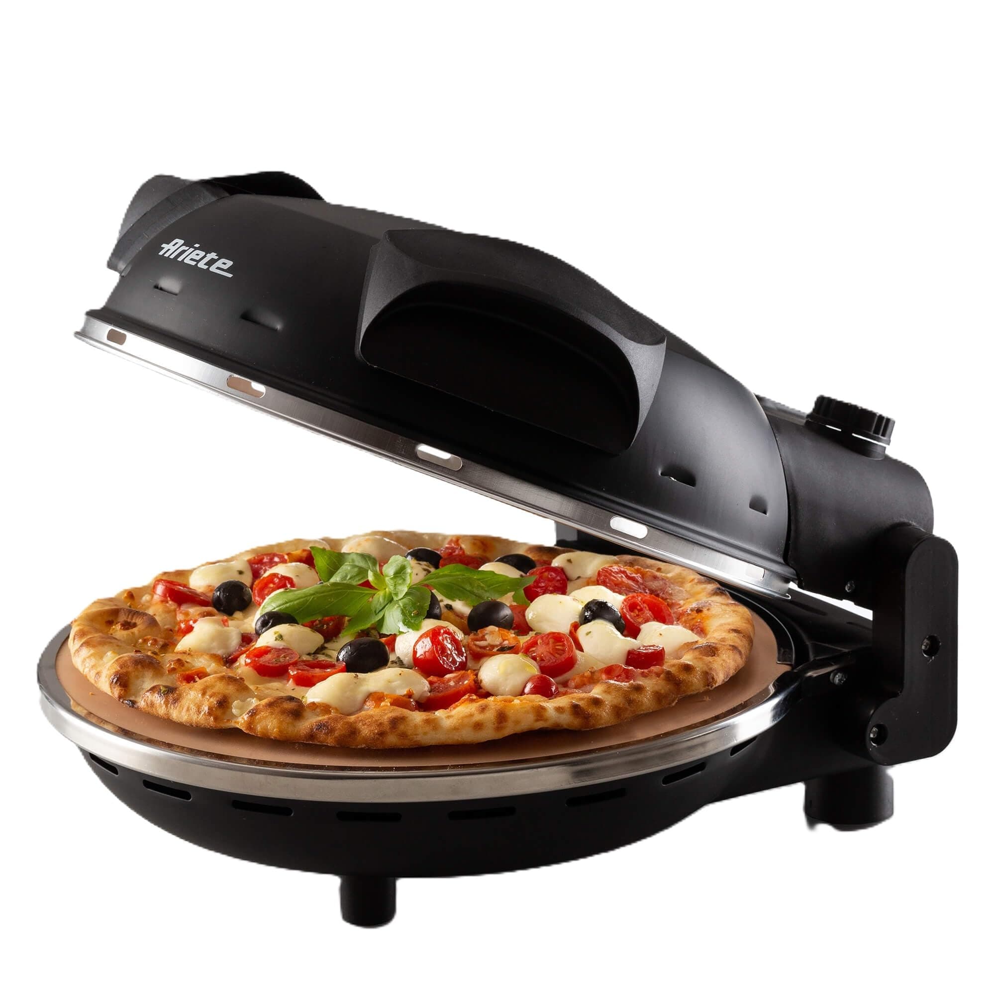 """Ariete 917 Pizza in 4 Minutes Multi-use Pizza Oven 1200W Non-Stick Fireclay Stone Max Temperature 400?C 5 Cooking Levels, Includes 2 wooden pallets - Black"""