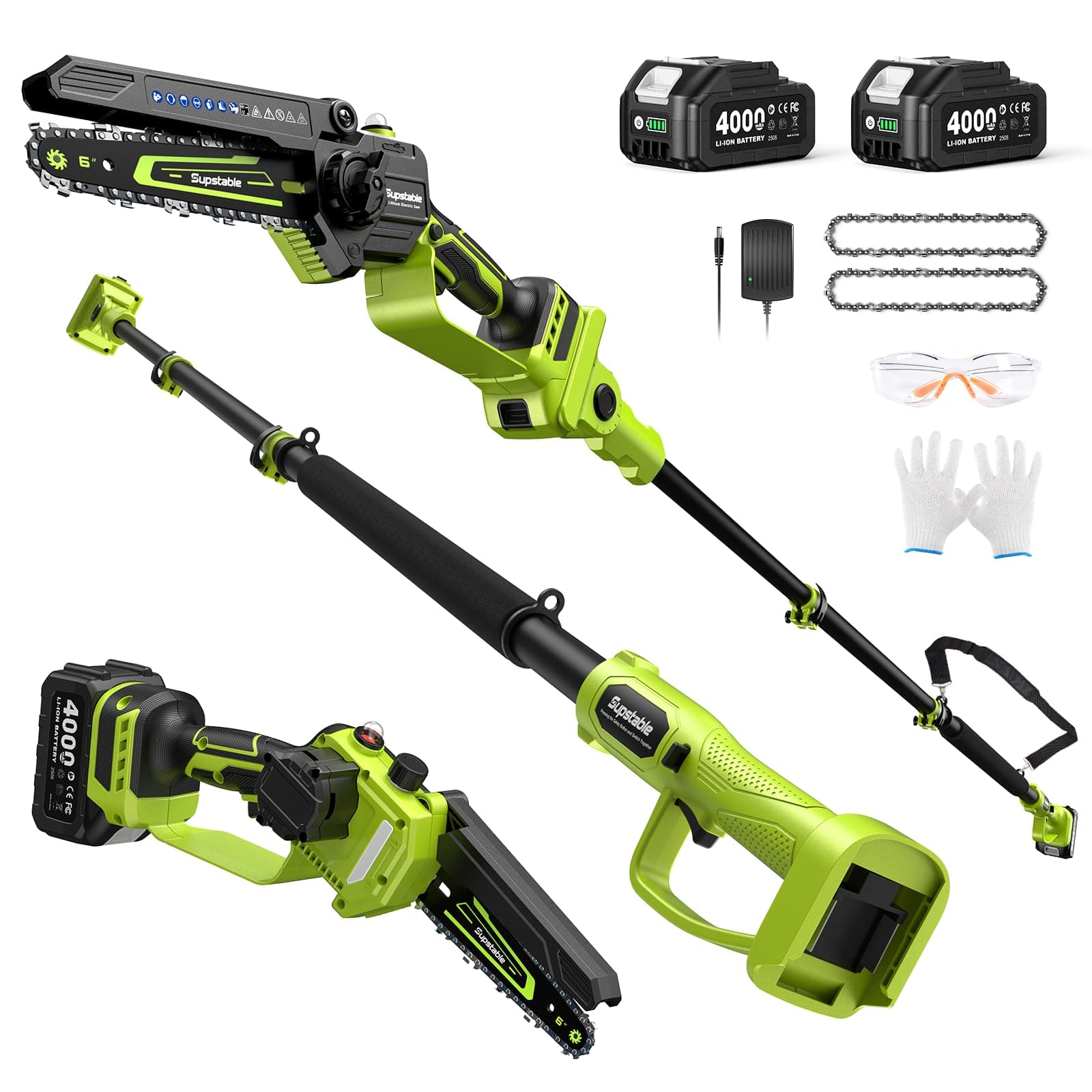 Electric Pole Saw, 6-Inch Cordless Mini Chainsaw with Extension Pole, Extendable to 16 ft, 2x4.0Ah Batteries, Tool-Free Chain Tensiong, Electric Pole Chainsaw for Tree Trimming & Thick Branch Cutting