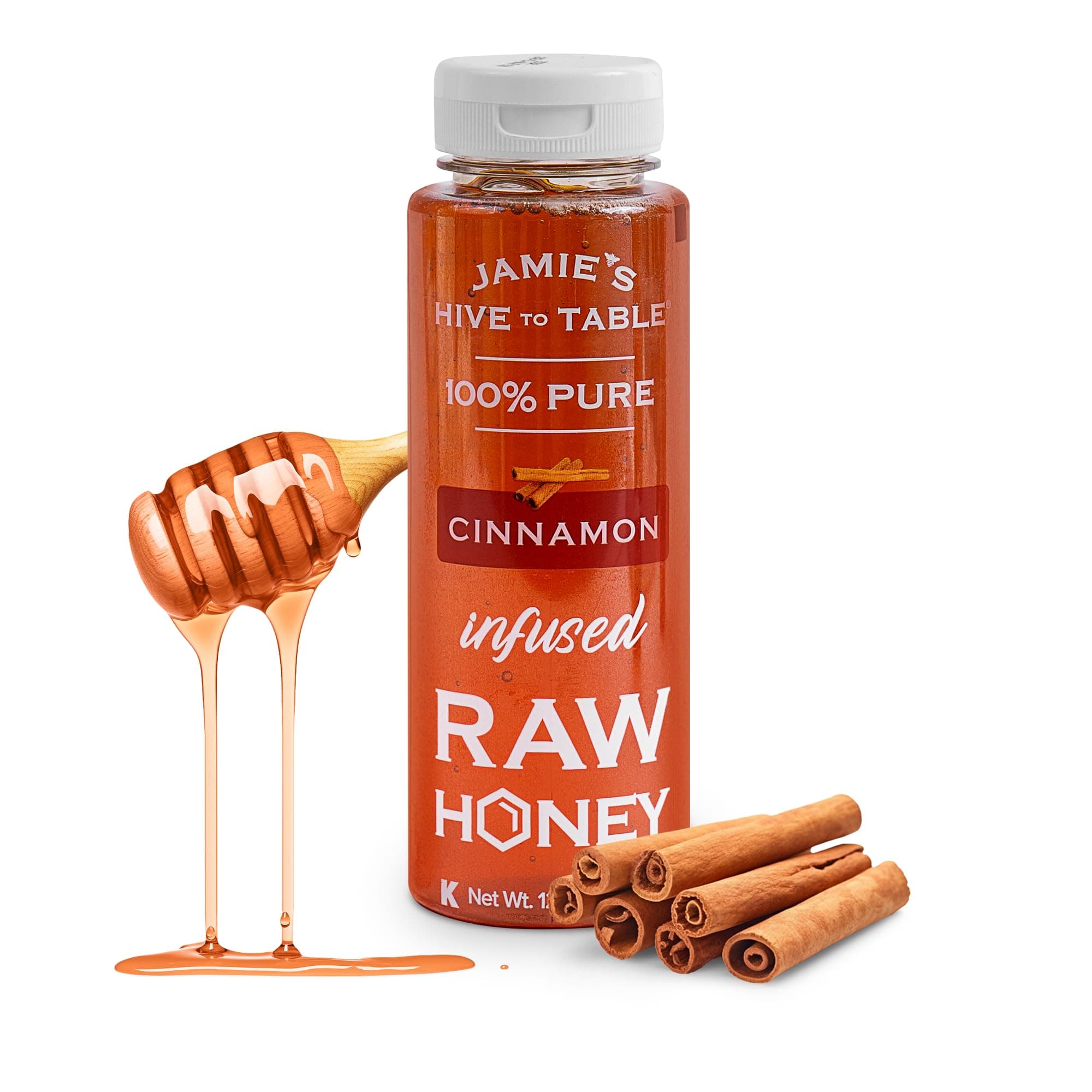 Jamie's Hive to Table Cinnamon Flavored Honey, 12 Oz – 100% Raw & Unfiltered Honey with a Warm & Spiced Flavor – Perfect for Coffee, Smoothies & Desserts