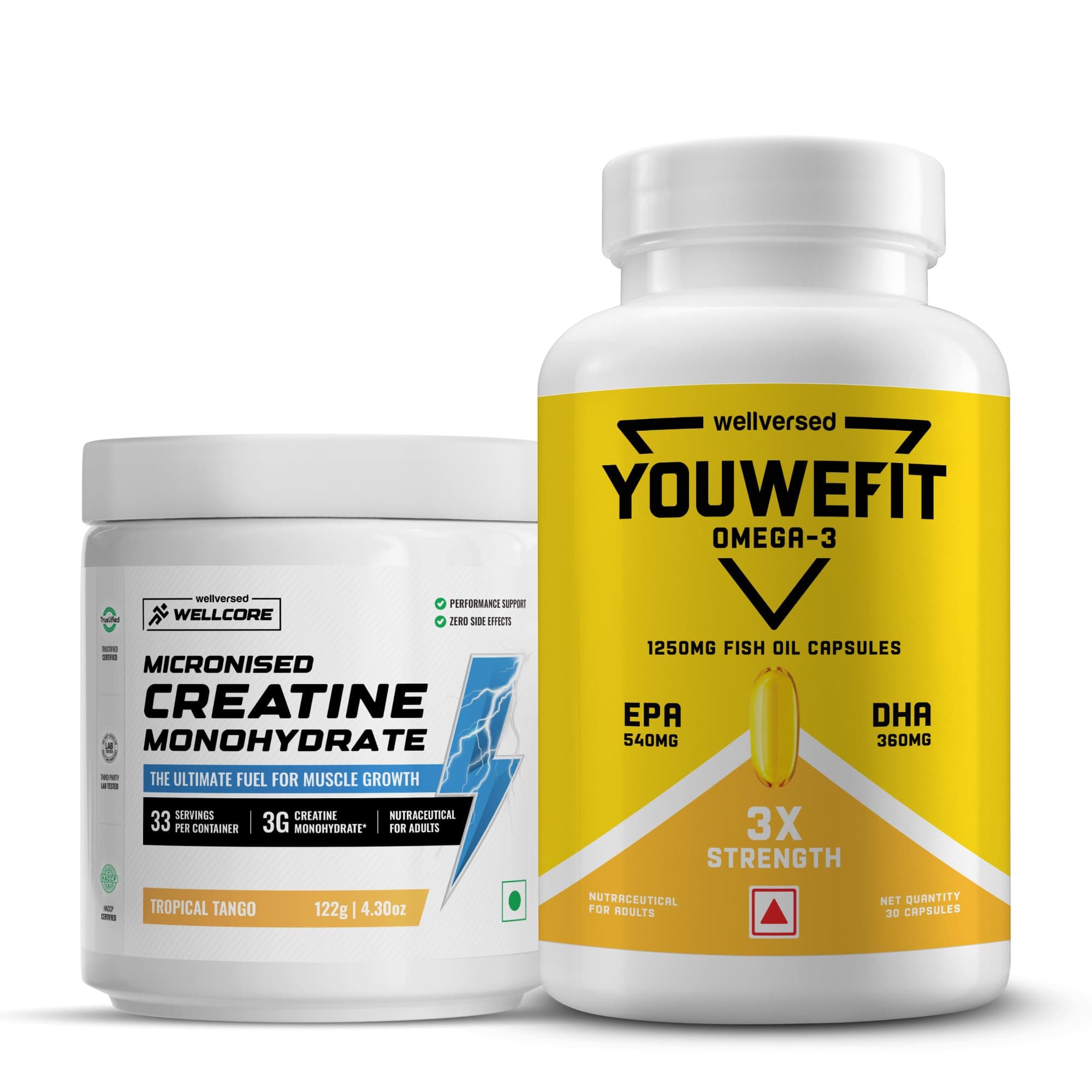 Wellcore Creatine with Omega 3 Capsules Triple Strength (Creatine 122g Tropical Tango & 30 Capsules Omega) | 1250mg Triple Strength | EPA + DHA | Enhanced Muscle Strength |