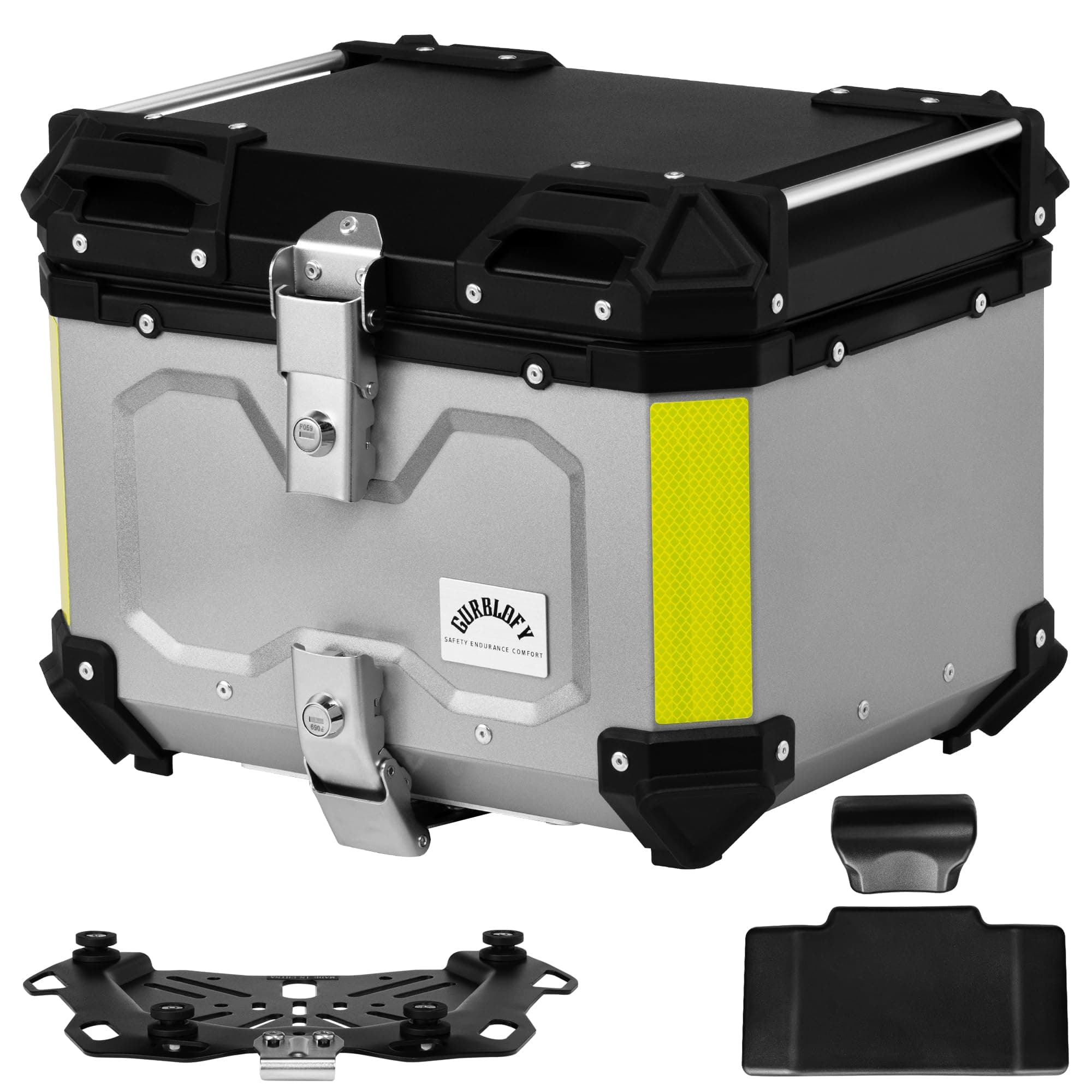 Motorcycle Top Case, 45L Motorcycle Tail Box Bag, Aluminum Top Trunk with Anti-Theft Lock System, Easy Installation with Universal Bracket, Waterproof, Rustproof and Dustproof, Silver
