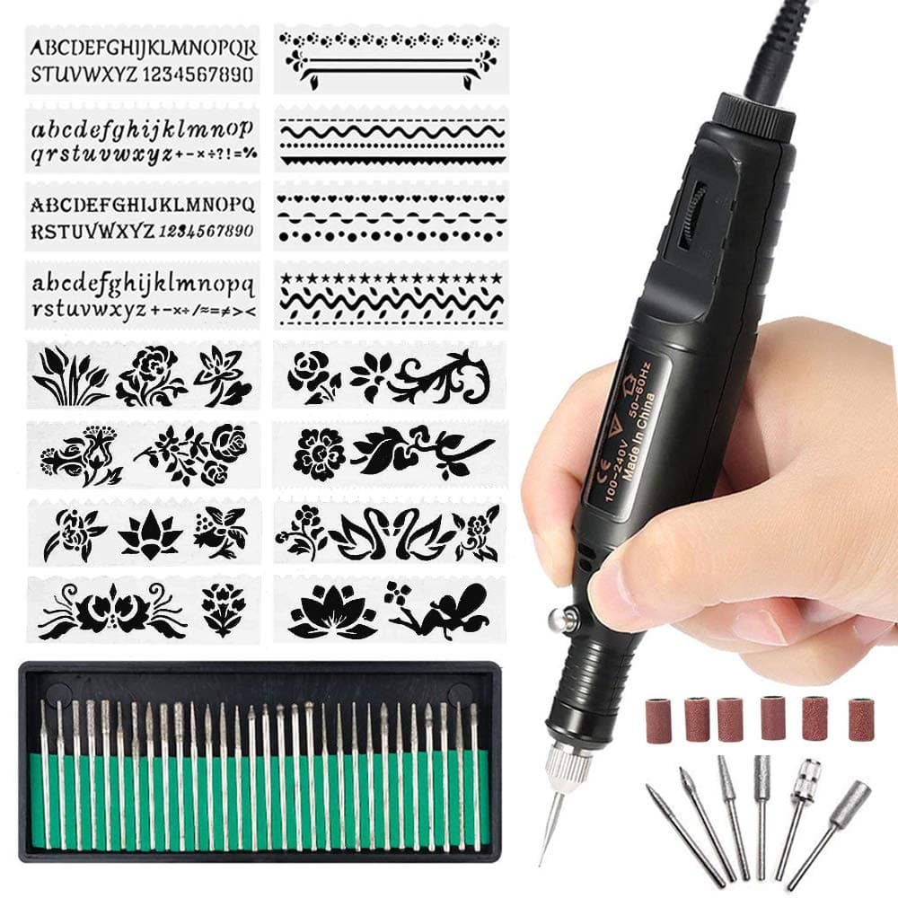 Electric Micro Engraver Pen Mini DIY Vibro Engraving Tool Kit for Glass Ceramic Plastic Wood Jewelry with Scriber Etcher 30 Bits and 6 Polishing Head and 16 Stencils