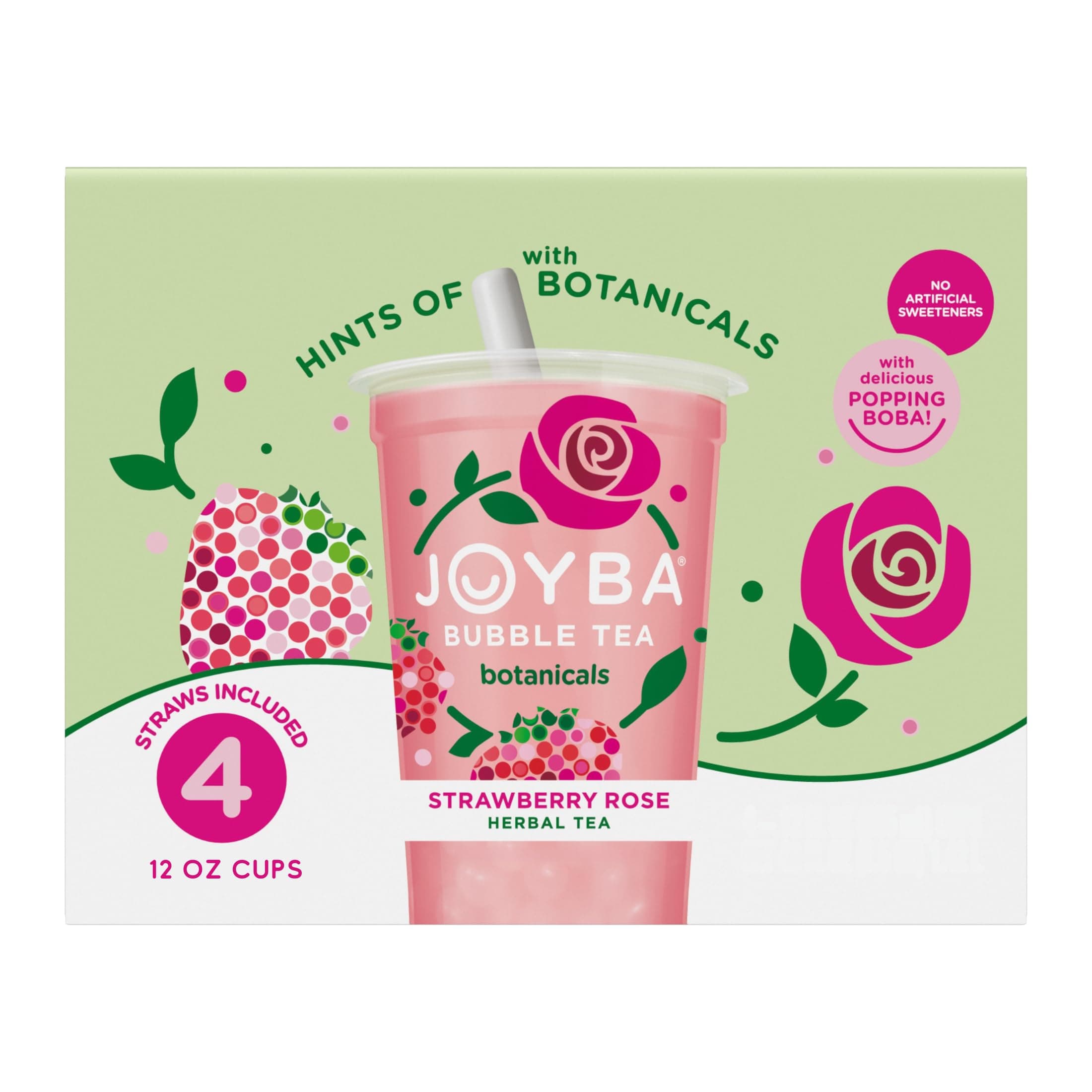Joyba Bubble Tea Strawberry Rose with Botanicals, 4 Pack, 12 fl. oz. Cups