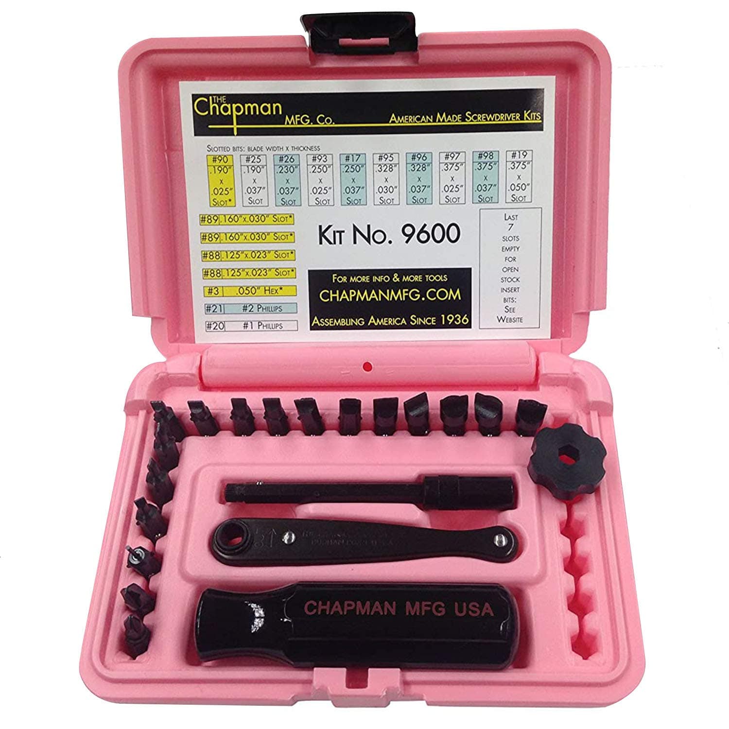 9600 Starter Slotted Screwdriver Set - 20 Pieces - Includes 14 Slotted Head Insert Bits, 2 Phillips, Mini Ratchet, Screwdriver Handle, Extension + Open Slots, USA Made (Pink Case)