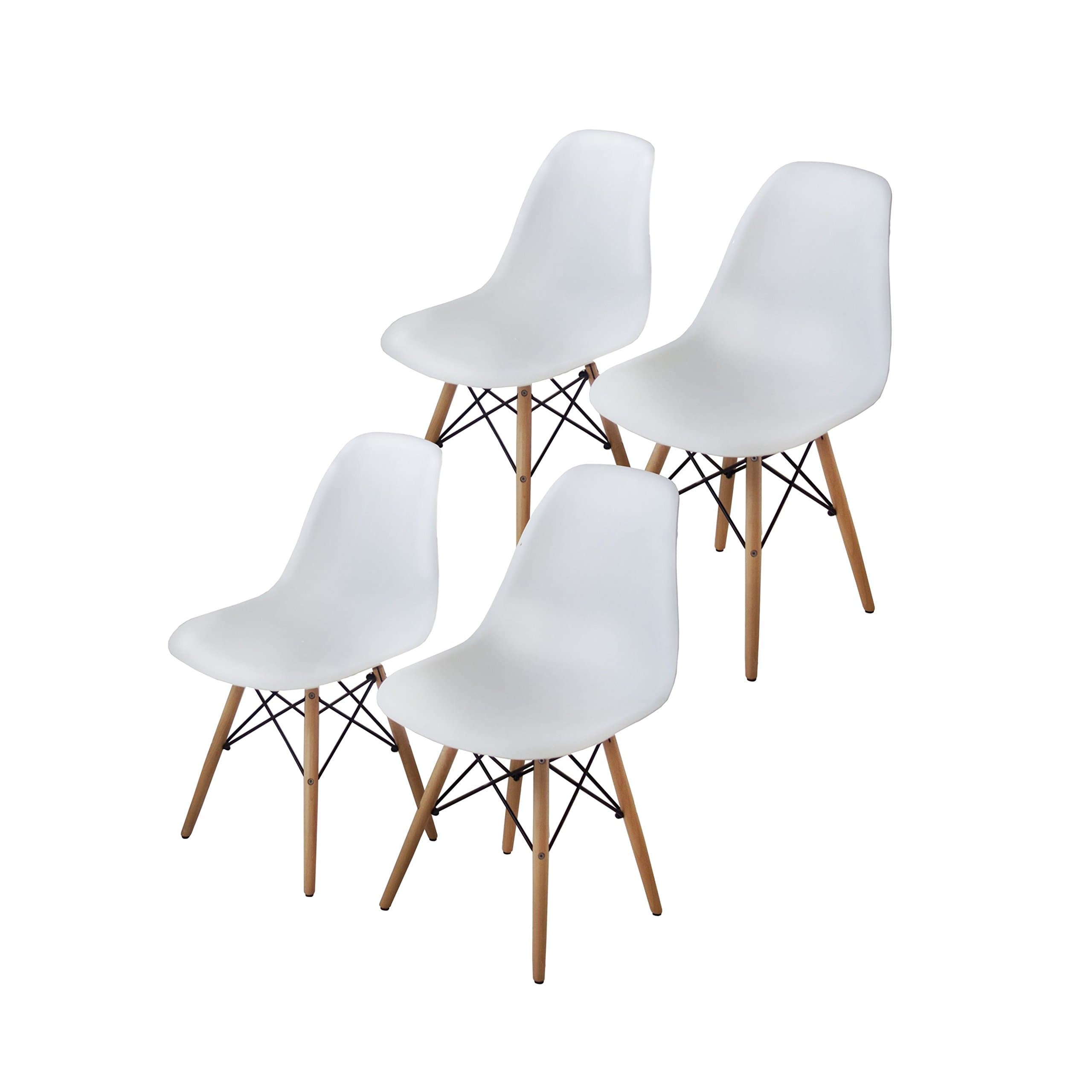 Bushman Eames Style Side Chairs Mid Century Dining Room Modern Lounge Chair No Arm Arms Armless Wooden Legs Wire Metal Eiffel Dowel Base Molded Plastic Seating, White, Set of 4