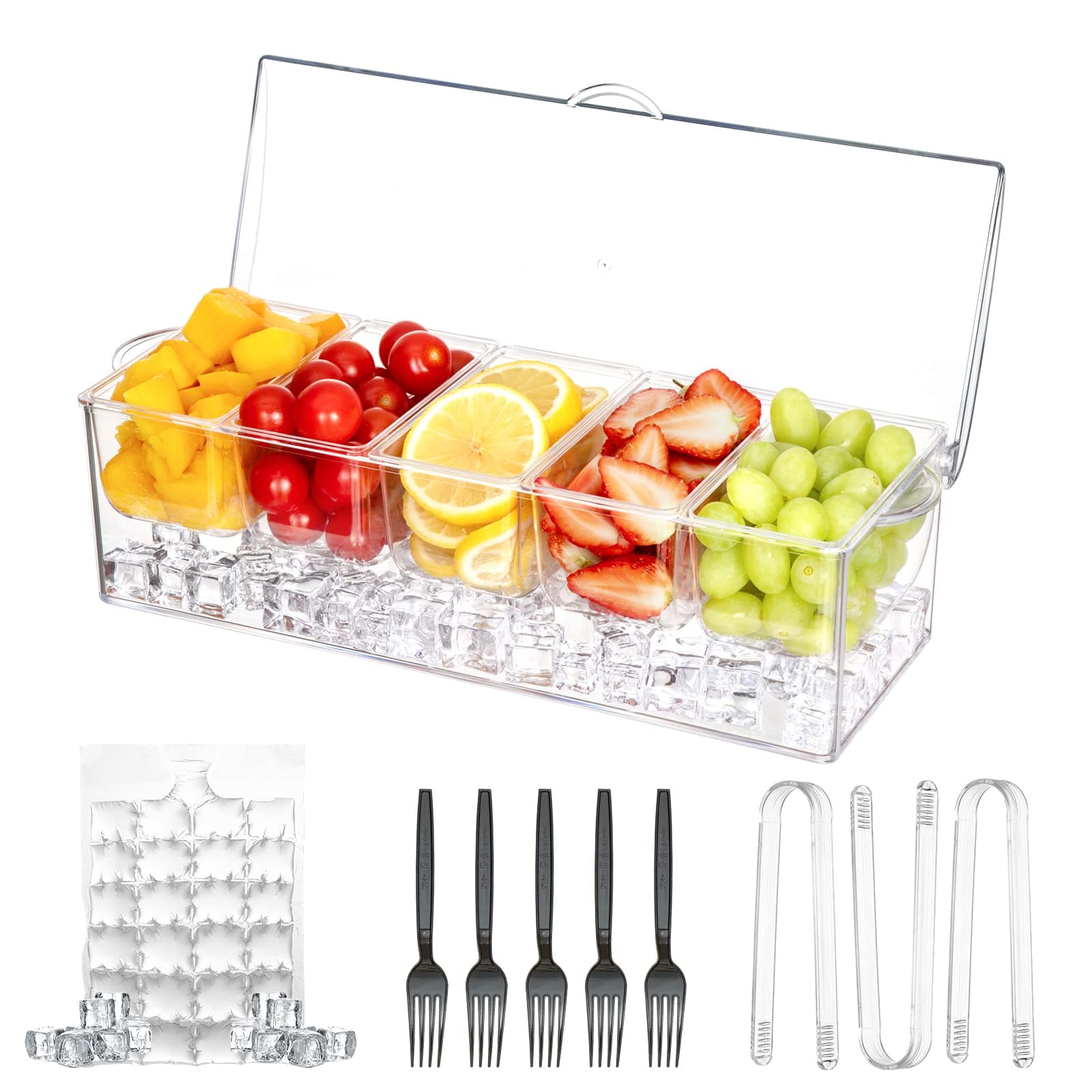 Chilled Condiment Server Clear Icy Condiment Bar Condiment Tray ice Party Serving Bar Garnish Holder on Ice 5 Removable Compartments