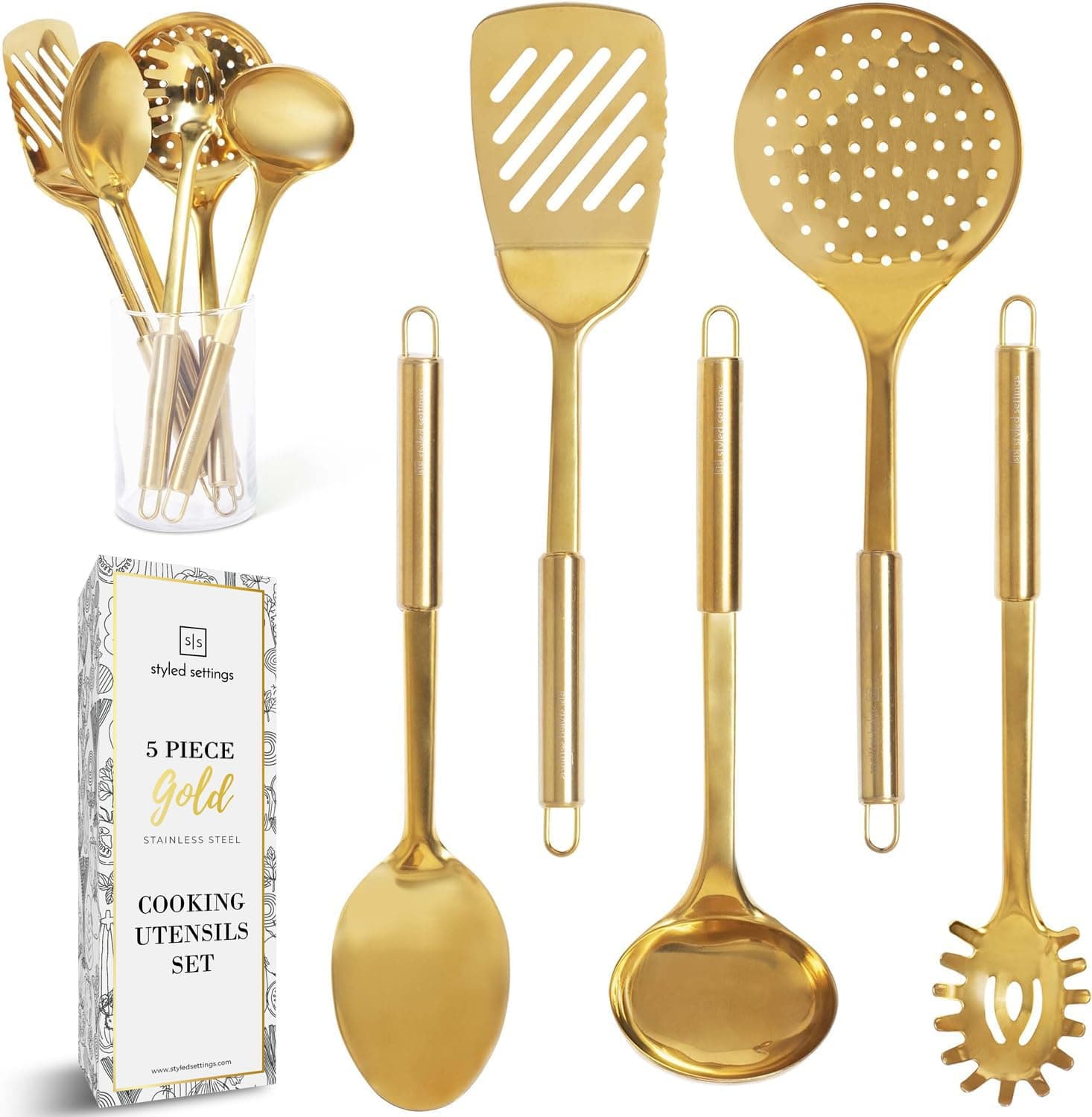 Gold/Brass Cooking Utensils for Modern Kitchen - 5 PCS Stainless Steel Set: Serving Spoon, Soup Ladle, Pasta Fork, Spatula, Skimmer