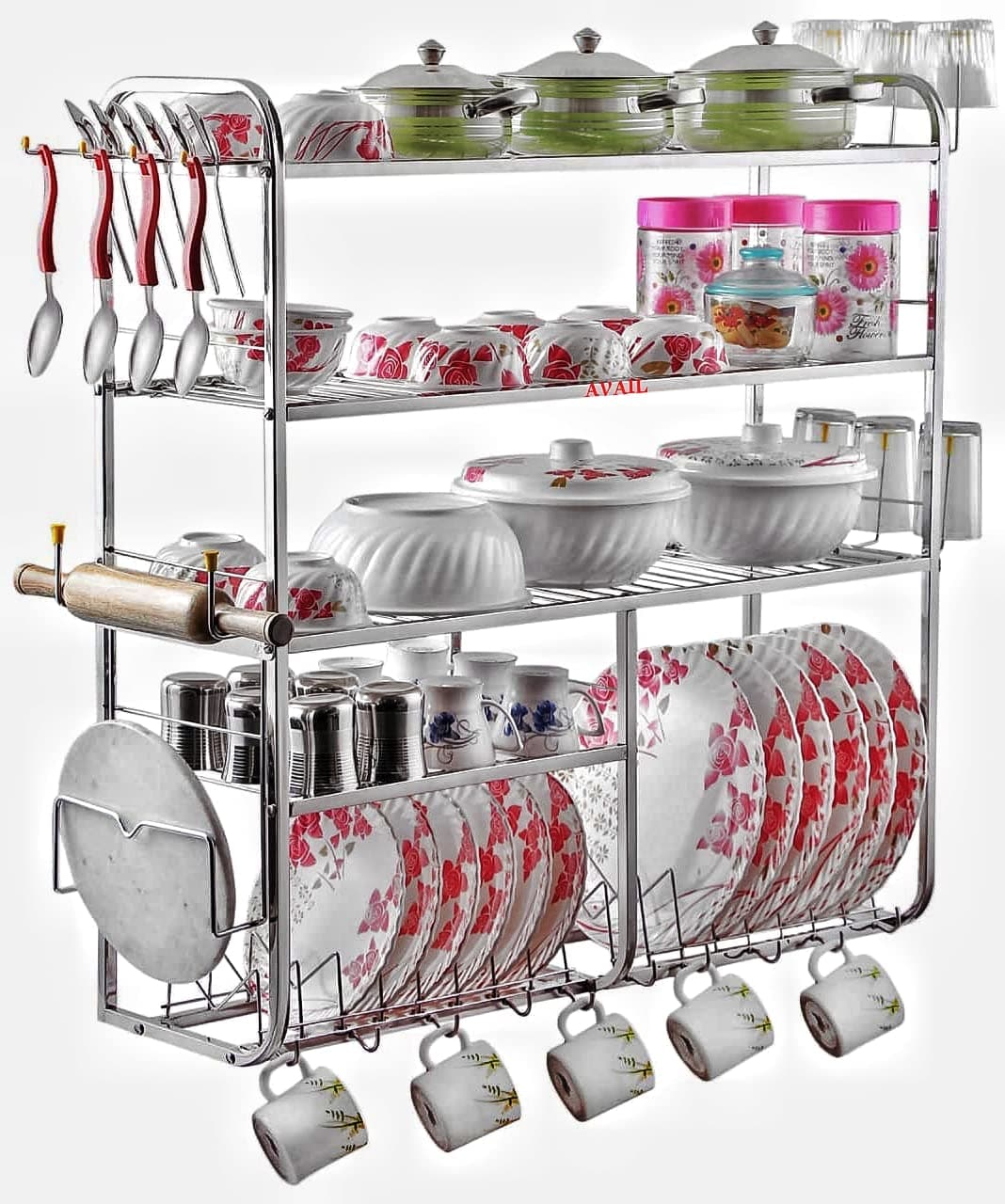 AVAIL Stainless Steel 5 Shelf Wall Mount Kitchen Racks | Dish Rack with Cutlery and Plate Kitchen Stand | Modular Kitchen Bartan Stand (31X30 Inches)