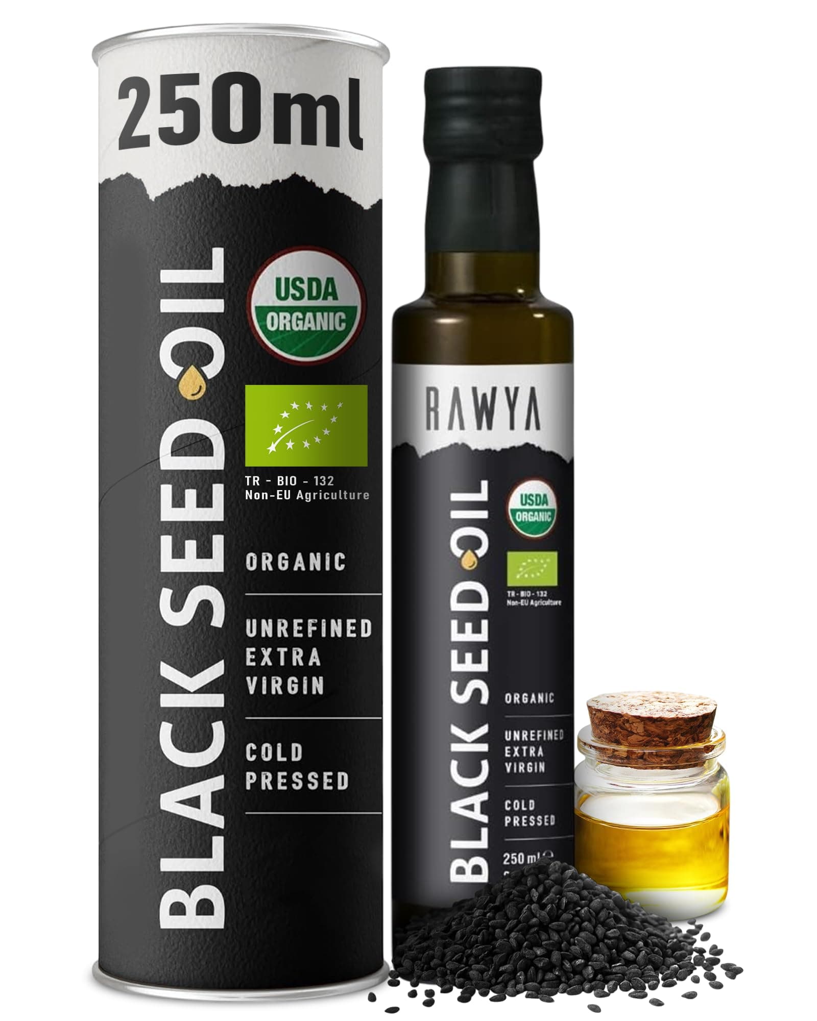 RAWYA Black Seed Oil - USDA Organic Certified - Cold Pressed - Turkish Black Cumin Seed - Premium Nigella Sativa with Thymoquinone - Kalonji - Non-GMO, Gluten-Free - Nutritional Supplements - Extra