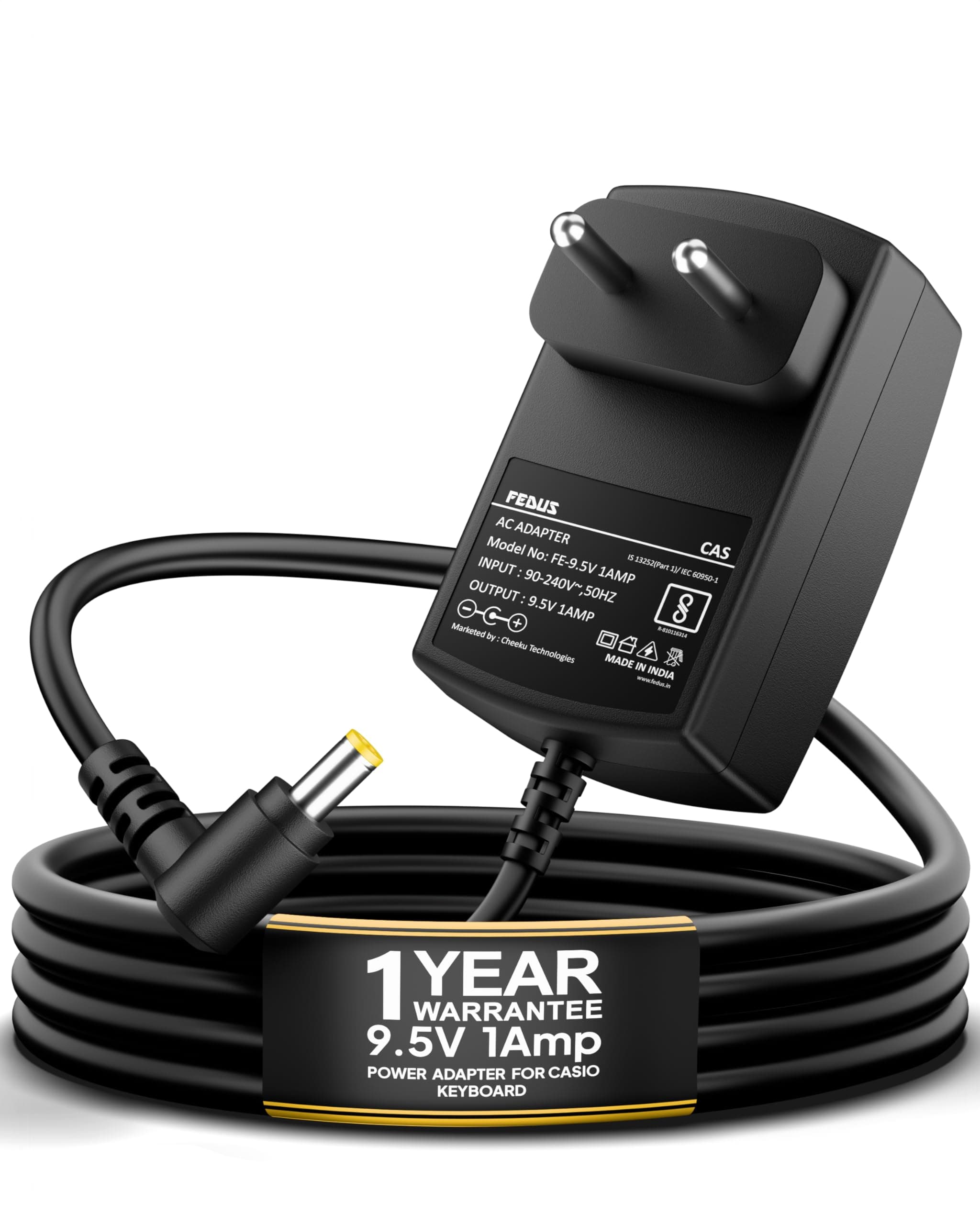 ClearTone 9.5V 1A Power Adapter for Casio Piano Electronics Keyboards, Replacement for AD-E95100L, Fits SA-46, SA-47, SA-76, SA-77, CTK-240, CTK-1100, CTK-1150, CTK-1200, 2 meter Extra Long Cord