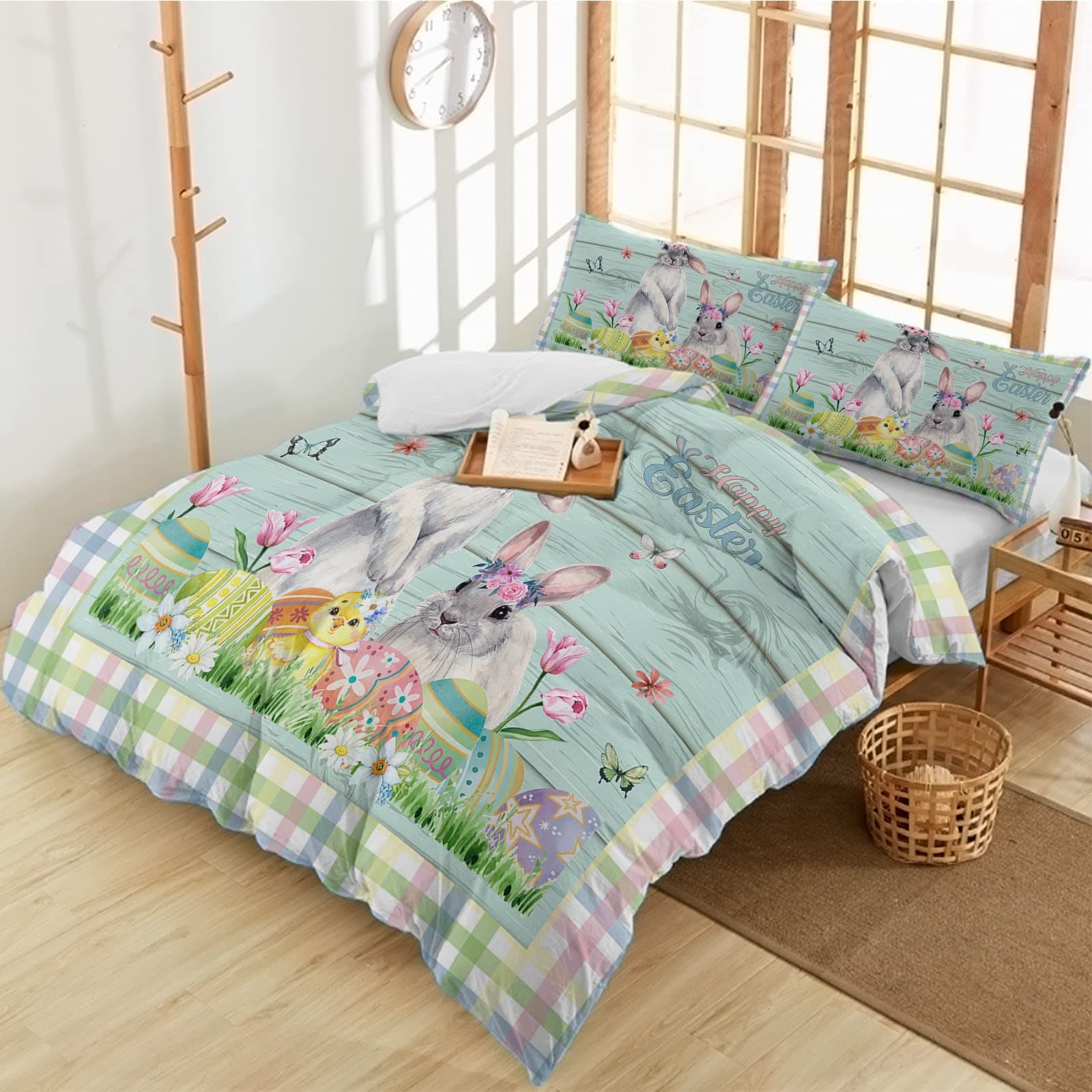 Duvet Cover Sets Bunny Easter Egg Duck Grassland,3 Piece Bed Set Ultra Soft Quilt Covers and Pillowcases,Teal Wood Board Color Tartan Microfiber Bedding Set for Bedroom Guest Room Dorm Twin