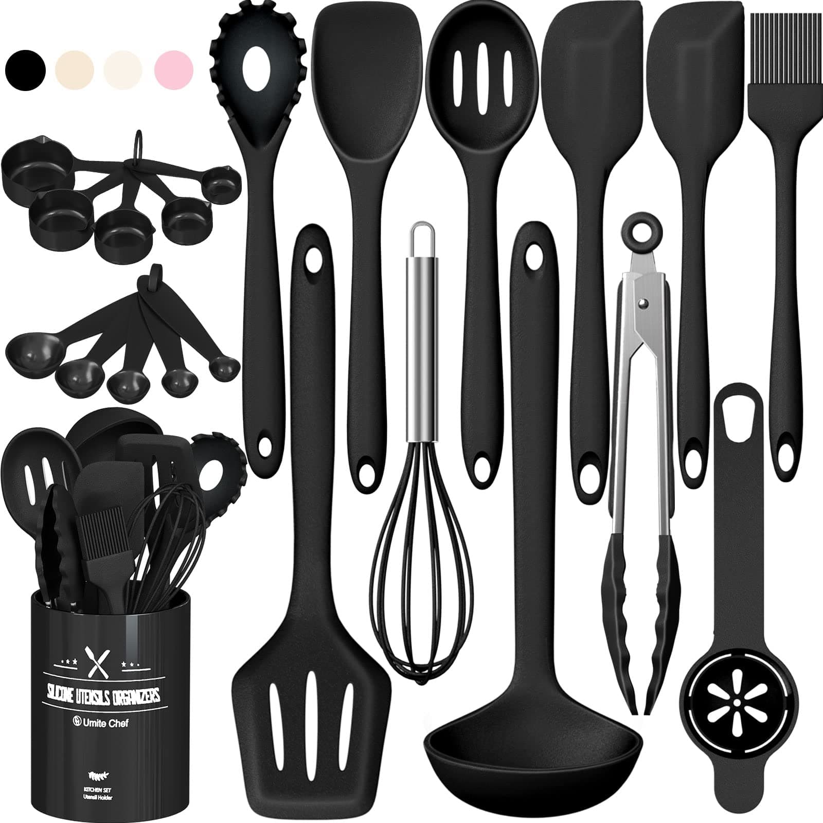 Silicone Kitchen Utensils Set, Umite Chef 22Pcs Cooking Utensils Spatula Set, Heat Resistant Non-Stick Silicone, Dishwasher Safe Cooking Gadgets Tools Set(Black)