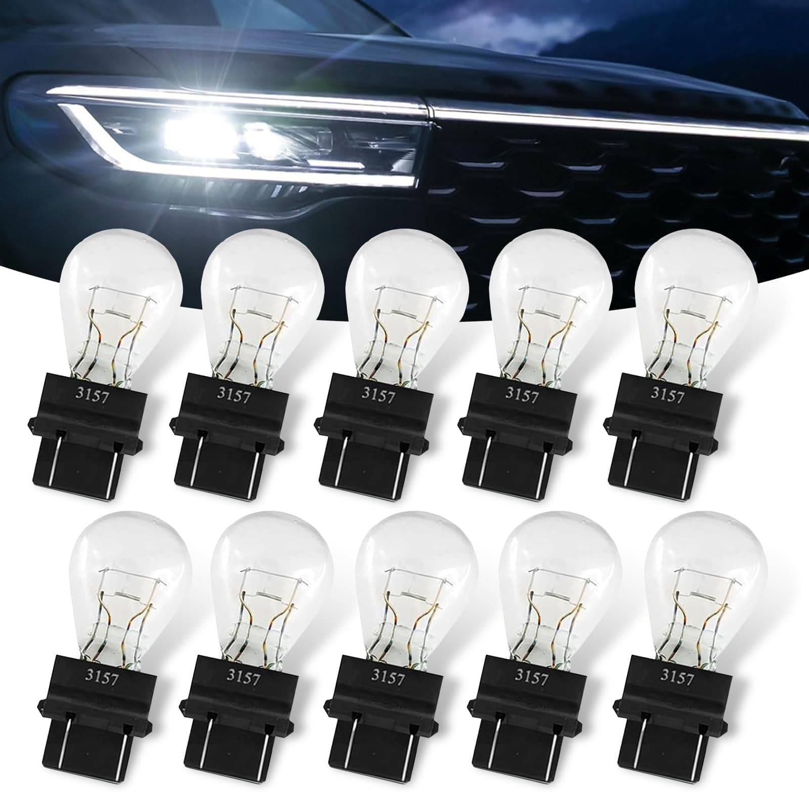 10 PCS Car 3157 Halogen Brake Light Bulb, 12V 21/5W Stable Shock-resistant Filament High Brightness Lighting Bulb, Compact Mini Quartz Glass Bulb 1:1 Replacement, Universal for Cars (White)