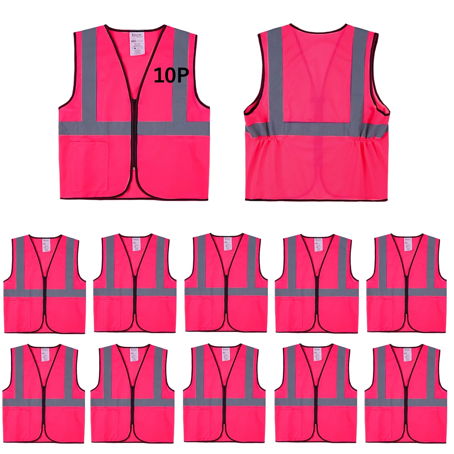 Pink Safety Vests 10 Pack - Reflective High Visibility Construction ANSI Class 2 Work Vests for Men,Woman with Zipper,Hi Vis Mesh and Neon Silver