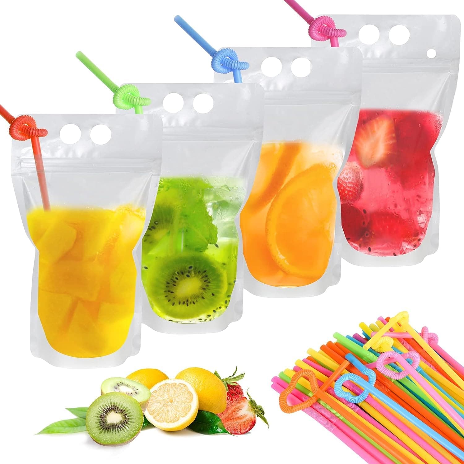 ChicAbode 100 Pcs Drink Pouches with 100 Drink Straws, Reusable Smoothie Bags Juice Pouches, Heavy Duty Hand Held Translucent Zipper Plastic Ice Drink Pouches, BPA Free, for Adults and Kids
