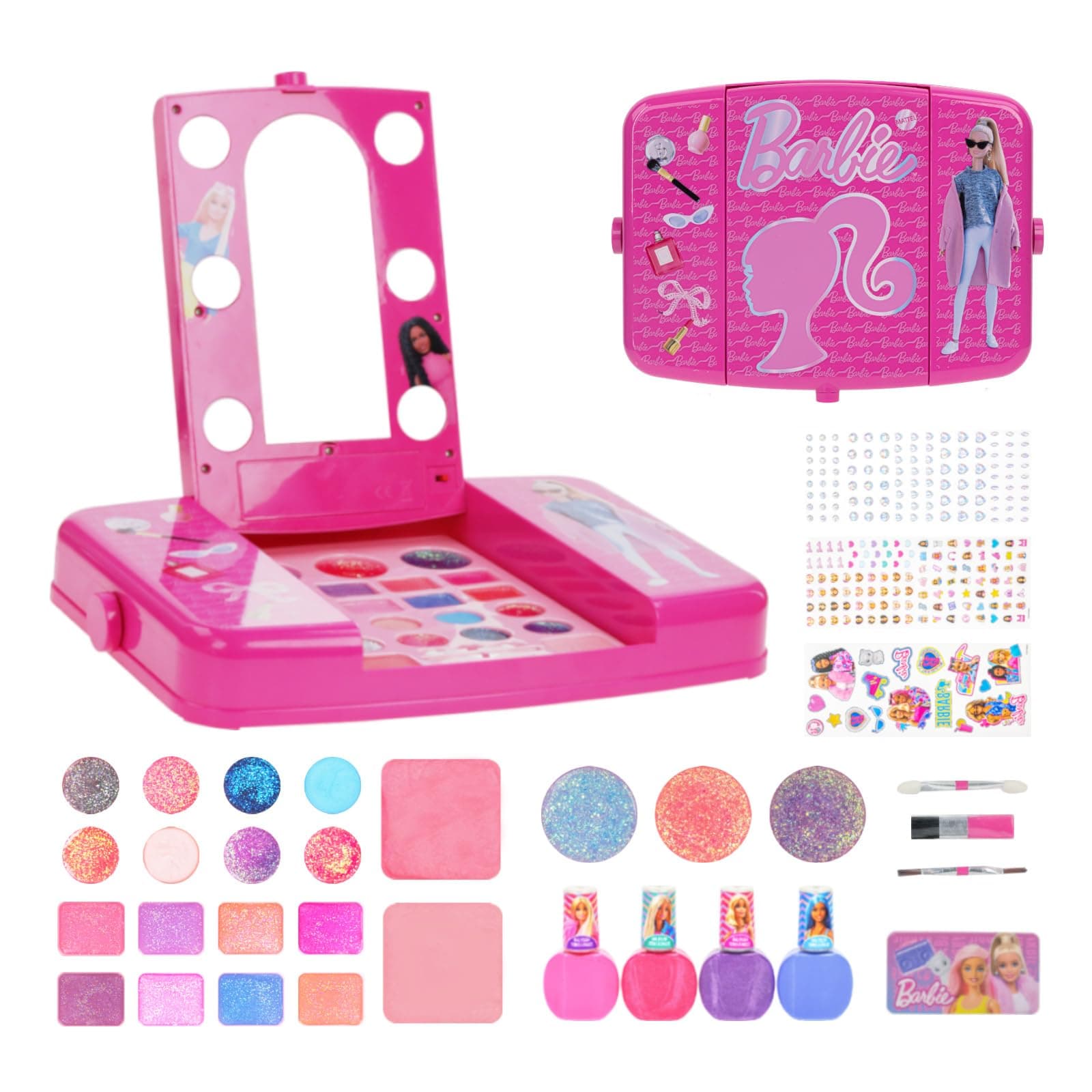 Barbie Beauty Vanity Set with Light-Up Mirror, Includes Lip Gloss, Eye Shadow, Brushes, Nail Polish, Accessories, and More! Ages 6+ Perfect for Parties, Sleepovers, and Makeovers, by Townley Girl