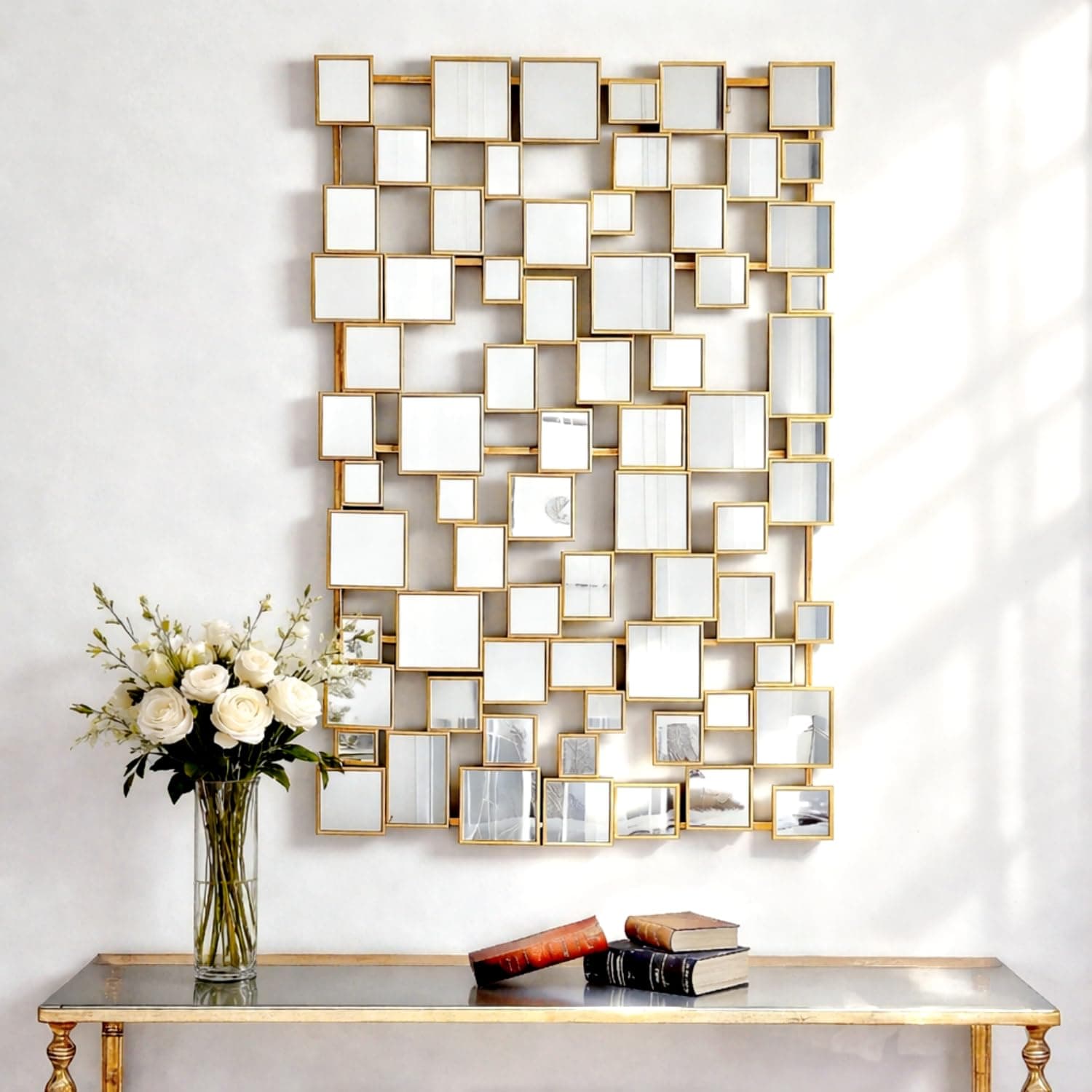 Gold Modern Wall Mirror - 45"×30" Large Metal Framed Decorative Mirror, Unique Mosaic Design Wall Mirrors for Living Room Entryway Hallway Home Art Decor