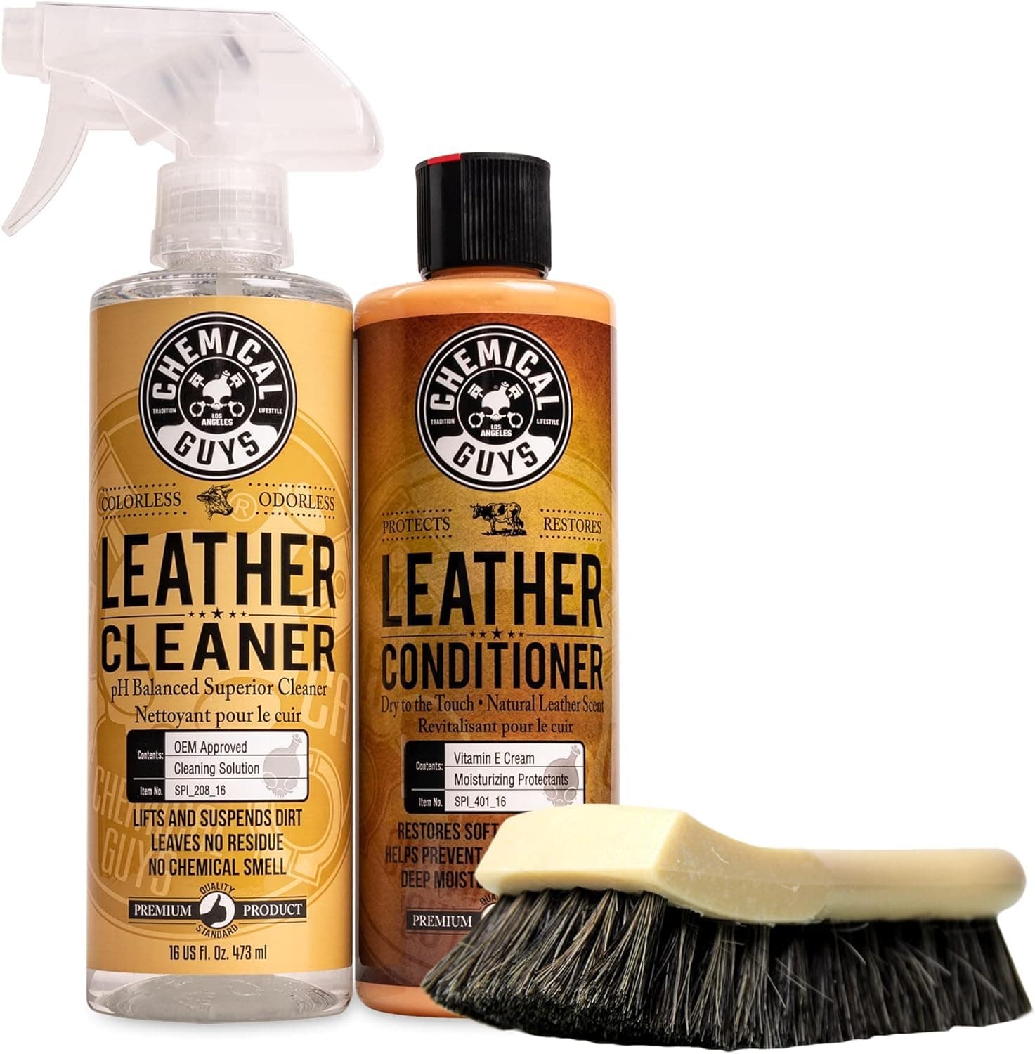 SPI410 Leather Cleaner and Conditioner Bundle with ACC_S95 Long Bristle Horse Hair Leather Cleaning Brush, Safe for Car, Home, Office, & More (3 Item Bundle with 2-16 fl oz Bottles)