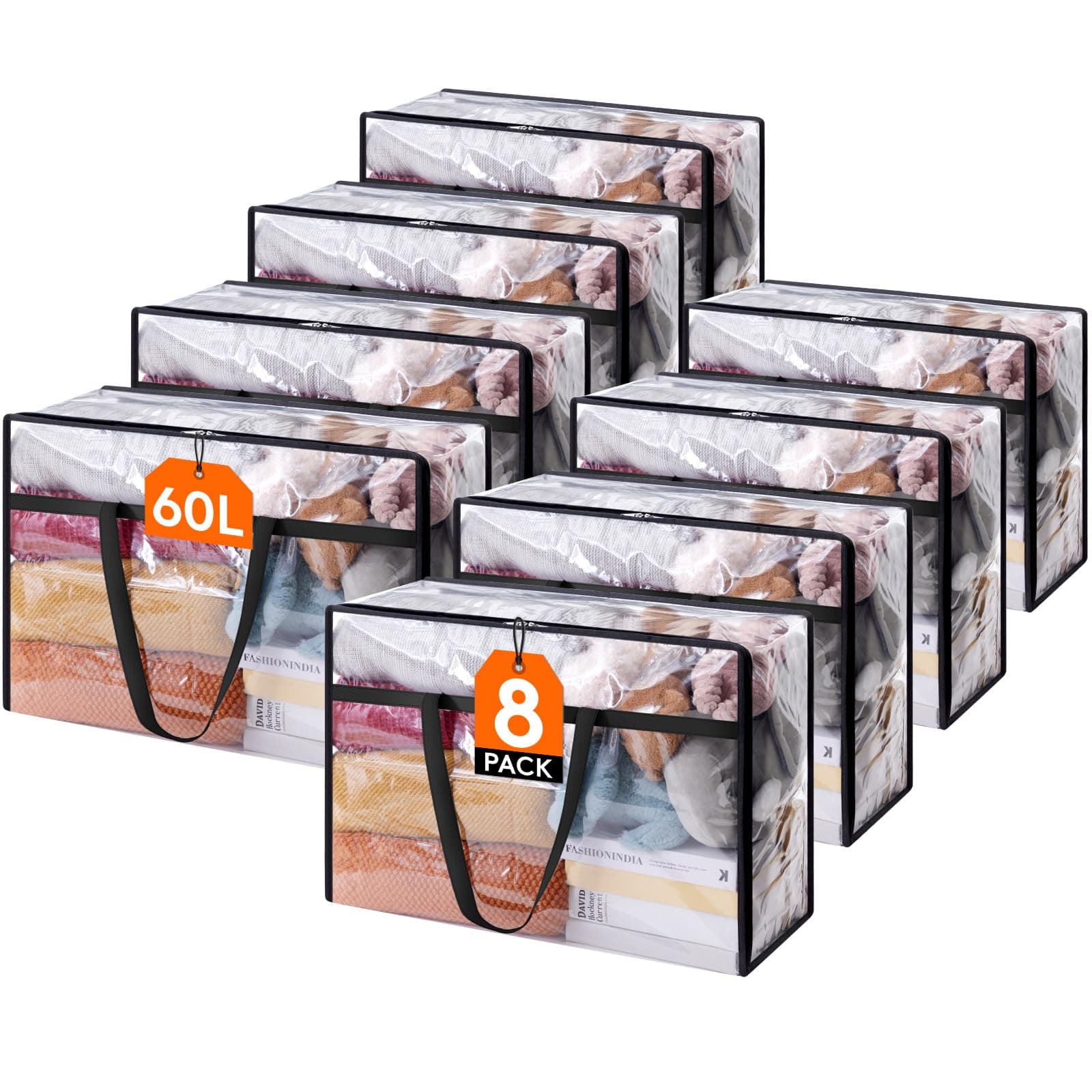 Lifewit 8 Pack Clear Clothes Storage Bags, 60L Plastic Blanket Storage Bag, Vinyl Foldable Moving Bags with Zipper, Closet Organizers and Storage Containers for Bedding, Duvet, Comforter