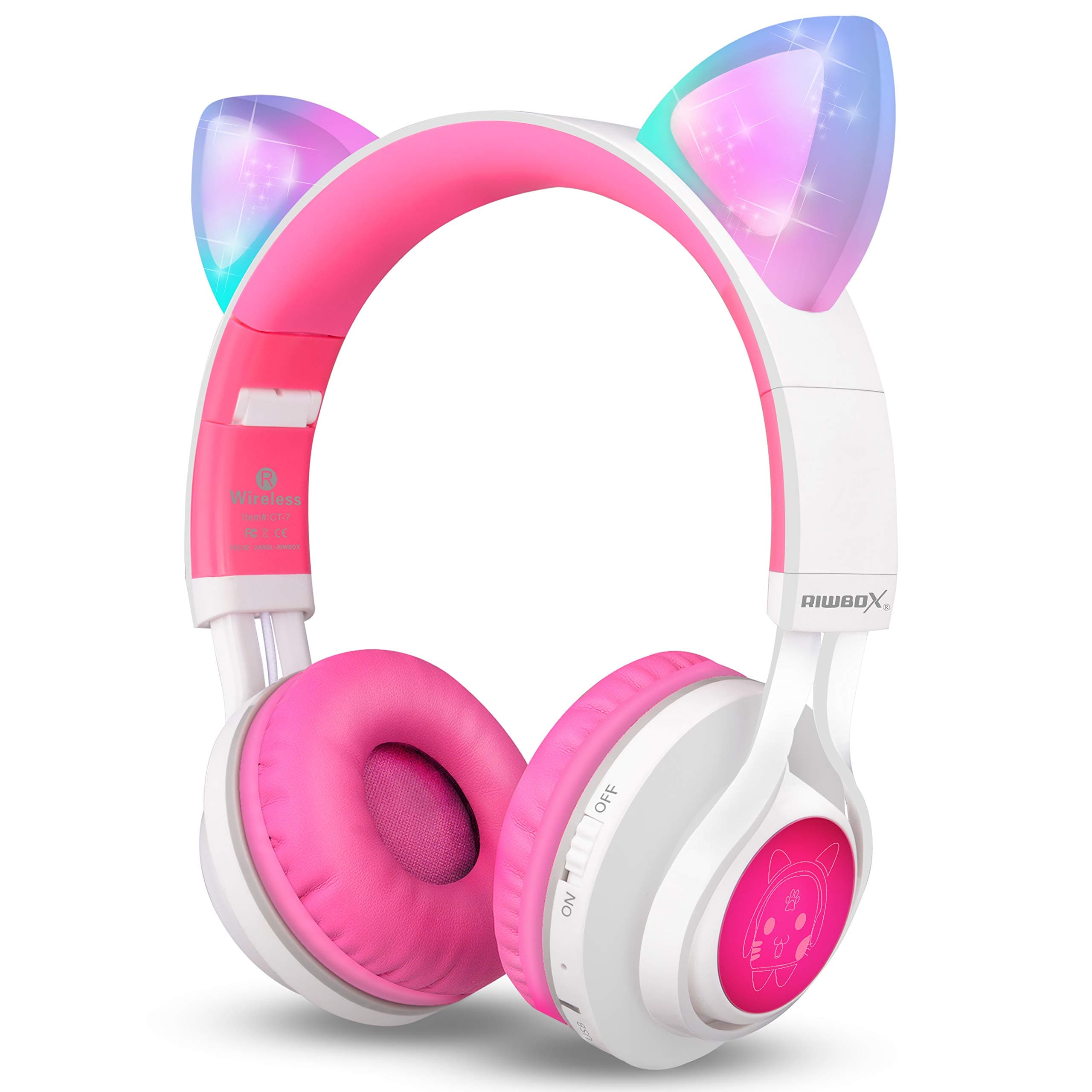 Riwbox CT-7 Cat Ear Bluetooth Headphones, LED Light Up Bluetooth Wireless Over Ear Headphones with Mic and Volume Control for Travel/School/Smartphones/Laptop/PC/TV(White & Pink)