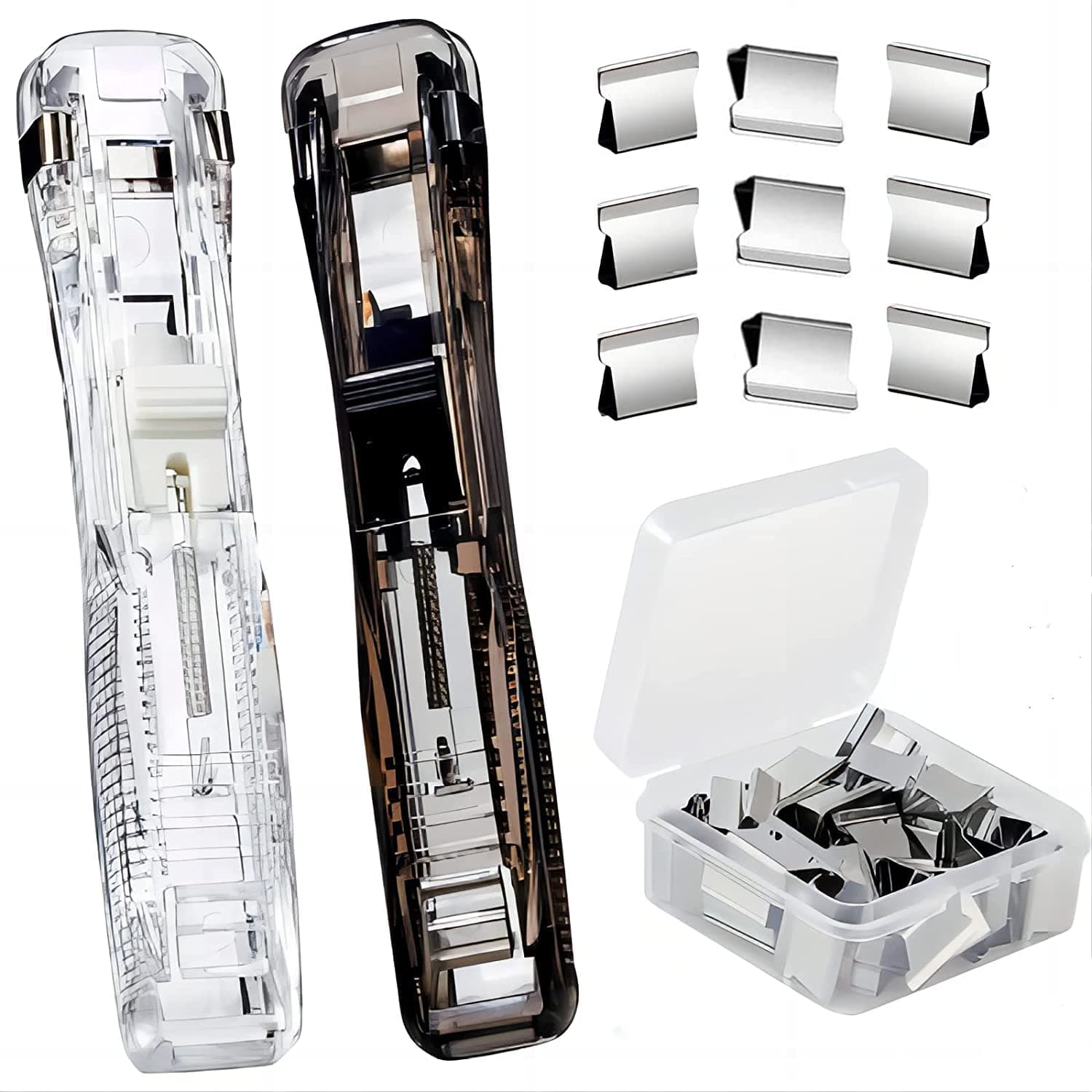 Pack of 2 Cubiz Push Stapler, Mini Office Supplies Paper Staplers with 100 Pcs Reusable Clips, Binder Clips Paper Clamps Desktop Stapler, Clam Clip Dispenser for Office Document Home School Supplies