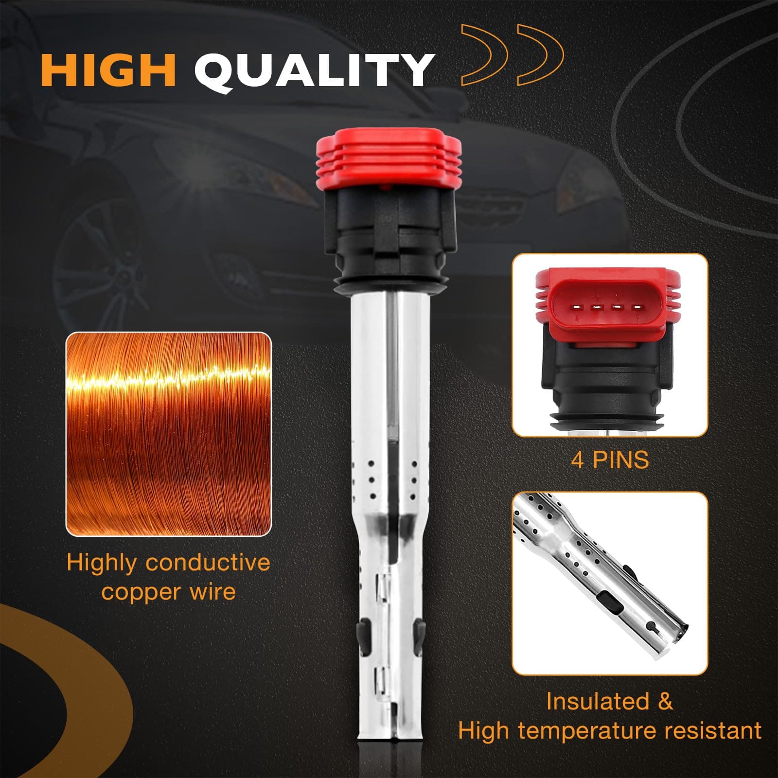 Ignition Coil Pack & Spark Plugs Set of 4 Replacement for Audi A4 A5 TT Volkswagen CC Tiguan & More 2.0L 2.0T Replaces# 06E905115E, UF529, 06E905115A, 06E905115C