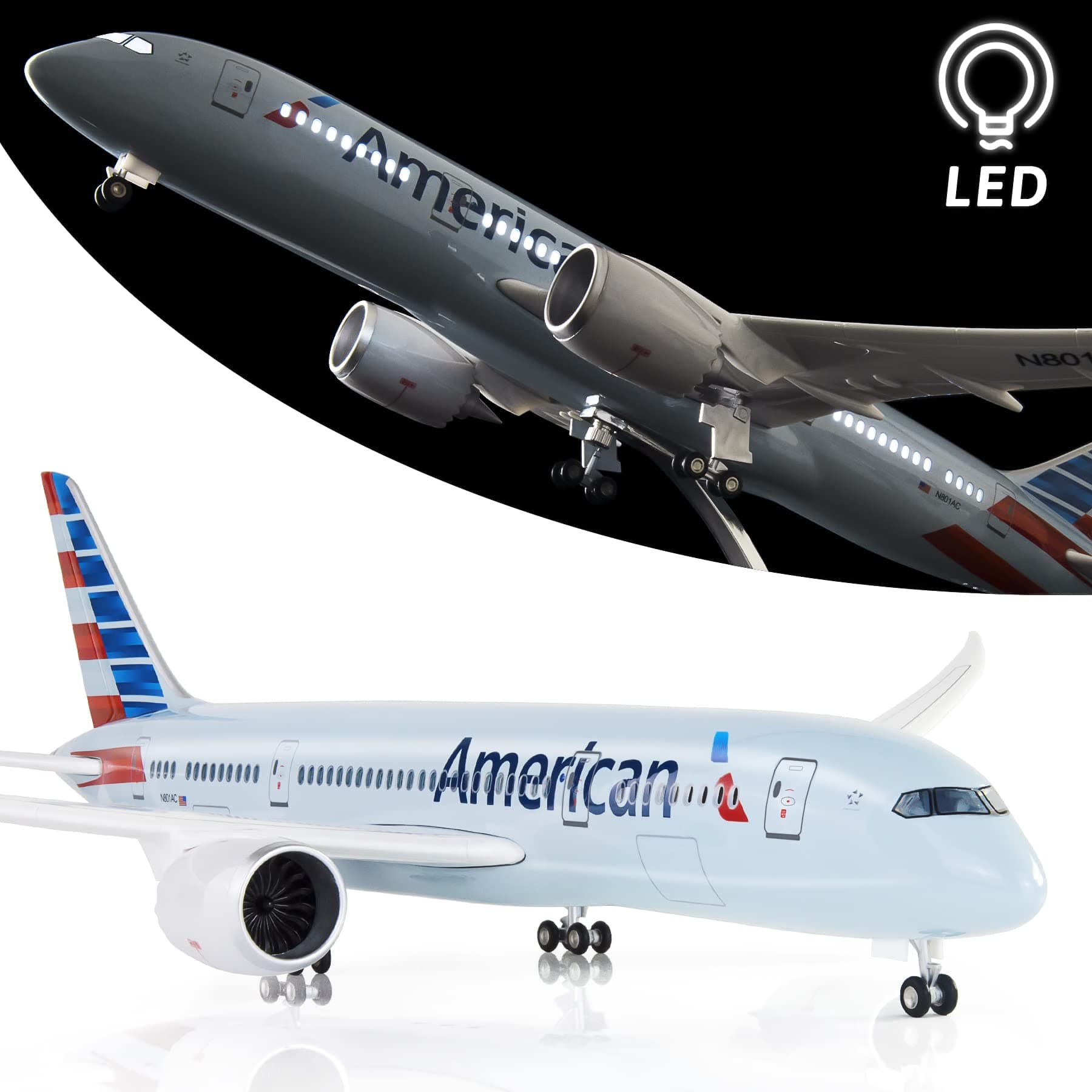 Lose Fun Park 1:130 Scale Large Model Airplane American Boeing 787 Plane Models Diecast Airplanes with LED Light for Collection or Gift