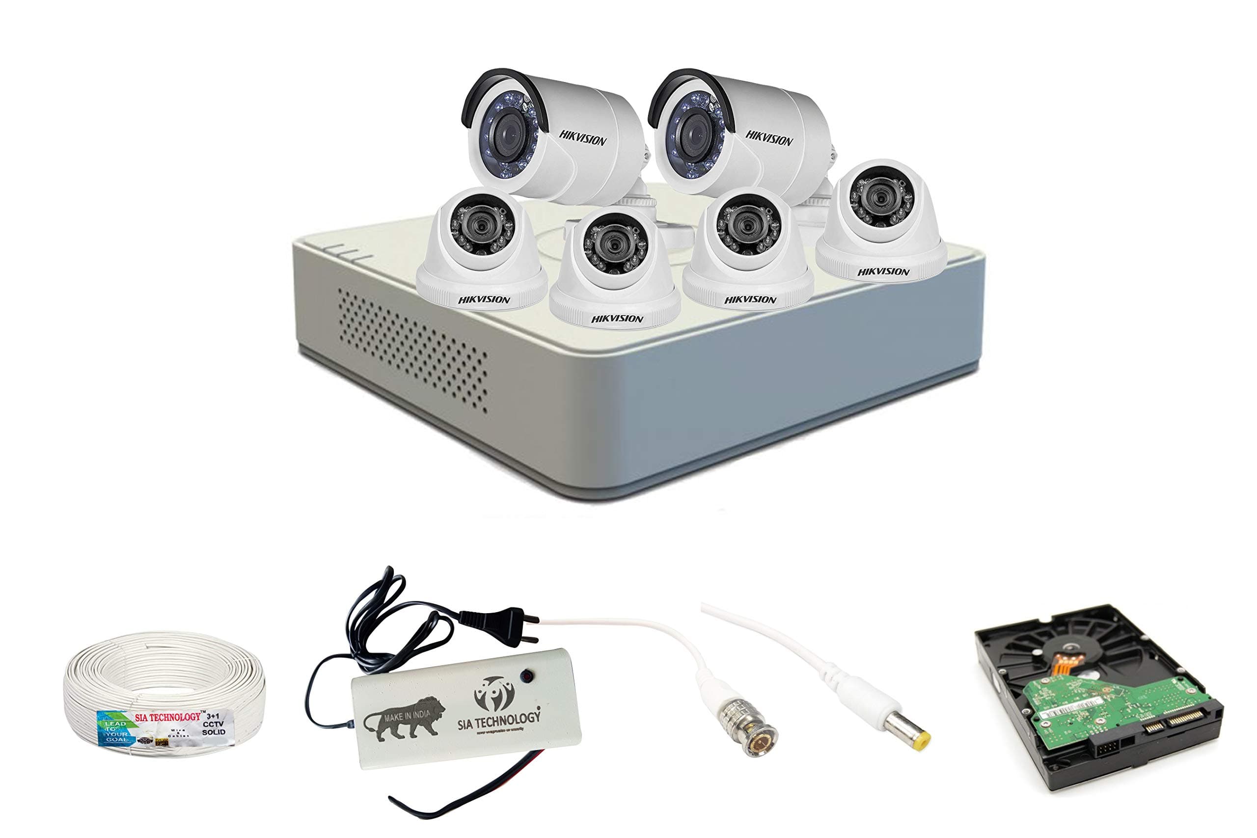 Sia Technology Hk vision 8 Ch HD DVR and 4 Dome 2 Bullet Camera HD Combo kit, Include All Require Accessories for 6 Camera Installation
