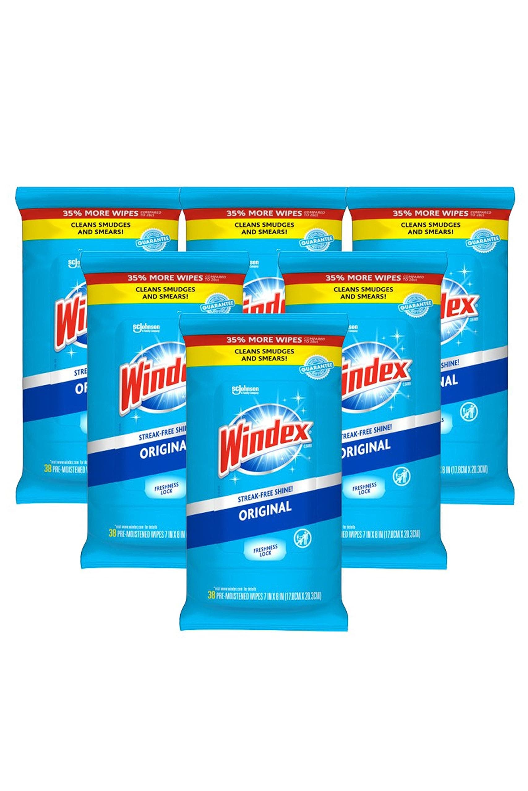 Windex Glass and Surface Pre-Moistened Wipes, Original, 38 Count (Pack of 6)