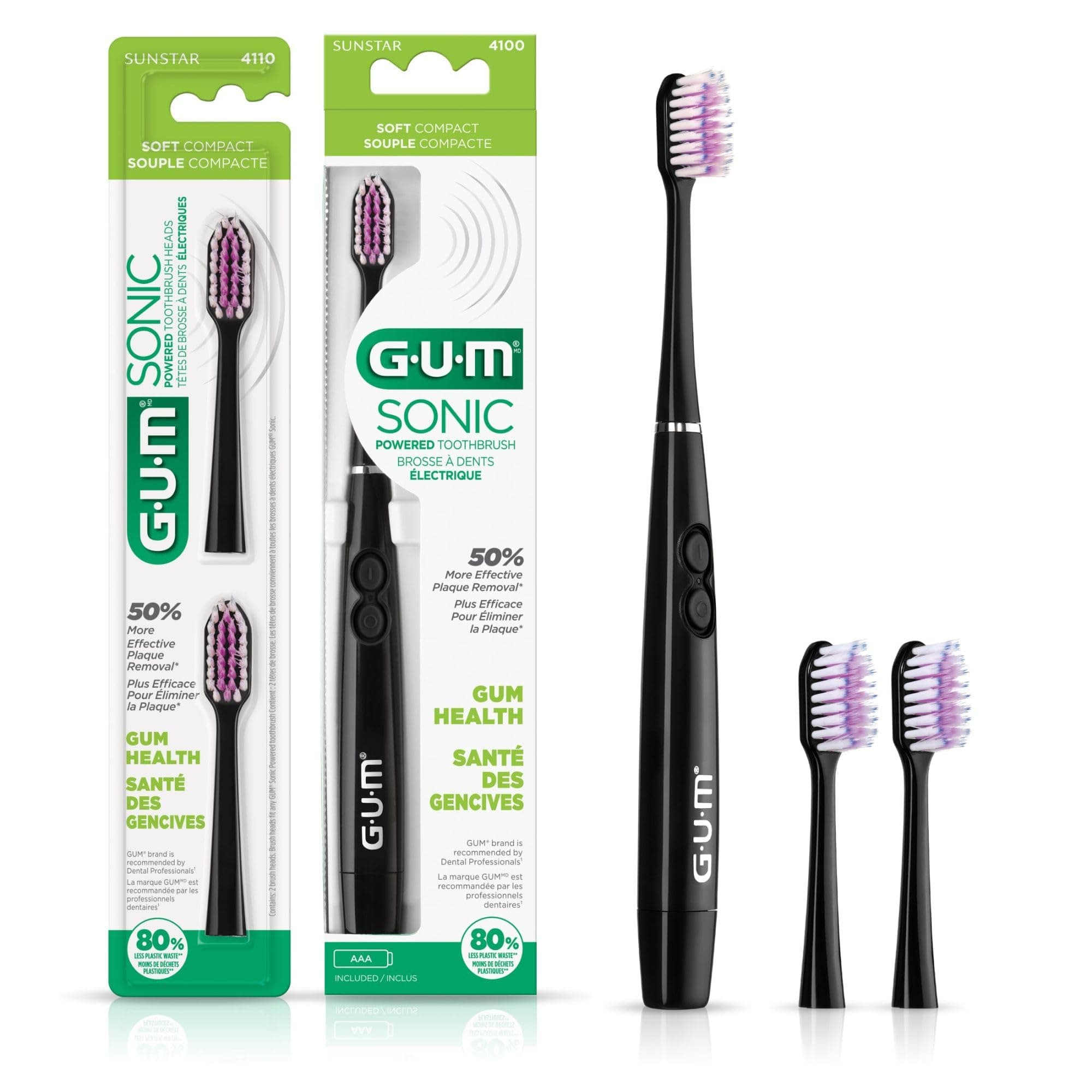 GUM Sonic Powered Toothbrush, Tapered Bristles Clean Below the Gumline, Bundle, Black, 1 Handle(1 Count) + 2 Refills 2 Count(Pack of 1)