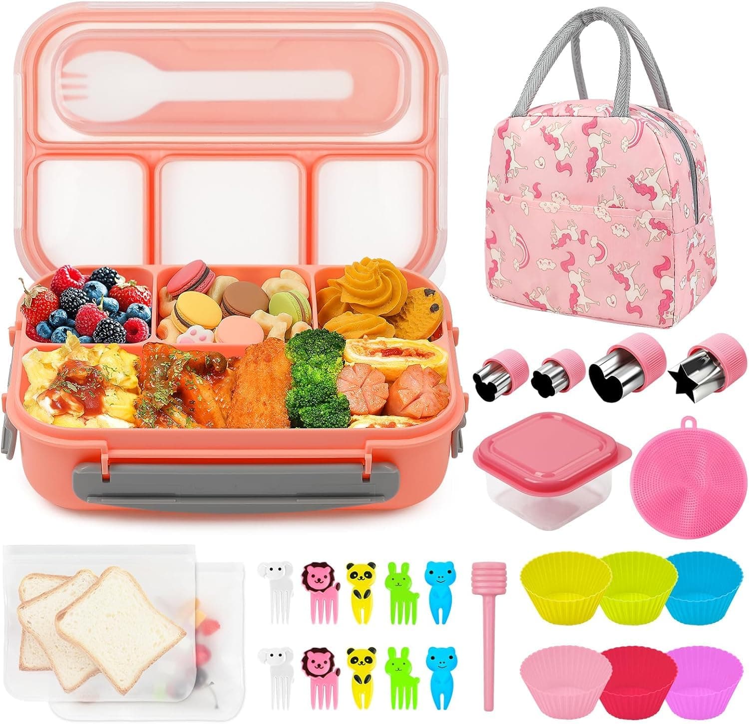 27Pcs Bento Box Lunch Box Kit, 1300ML Lunch Container for Kids/Adults, Leak-proof Box 4 Compartments with Utensils Spoon Fork Bag Accessories, Microwave Dishwasher Freezer Safe,BPA-Free